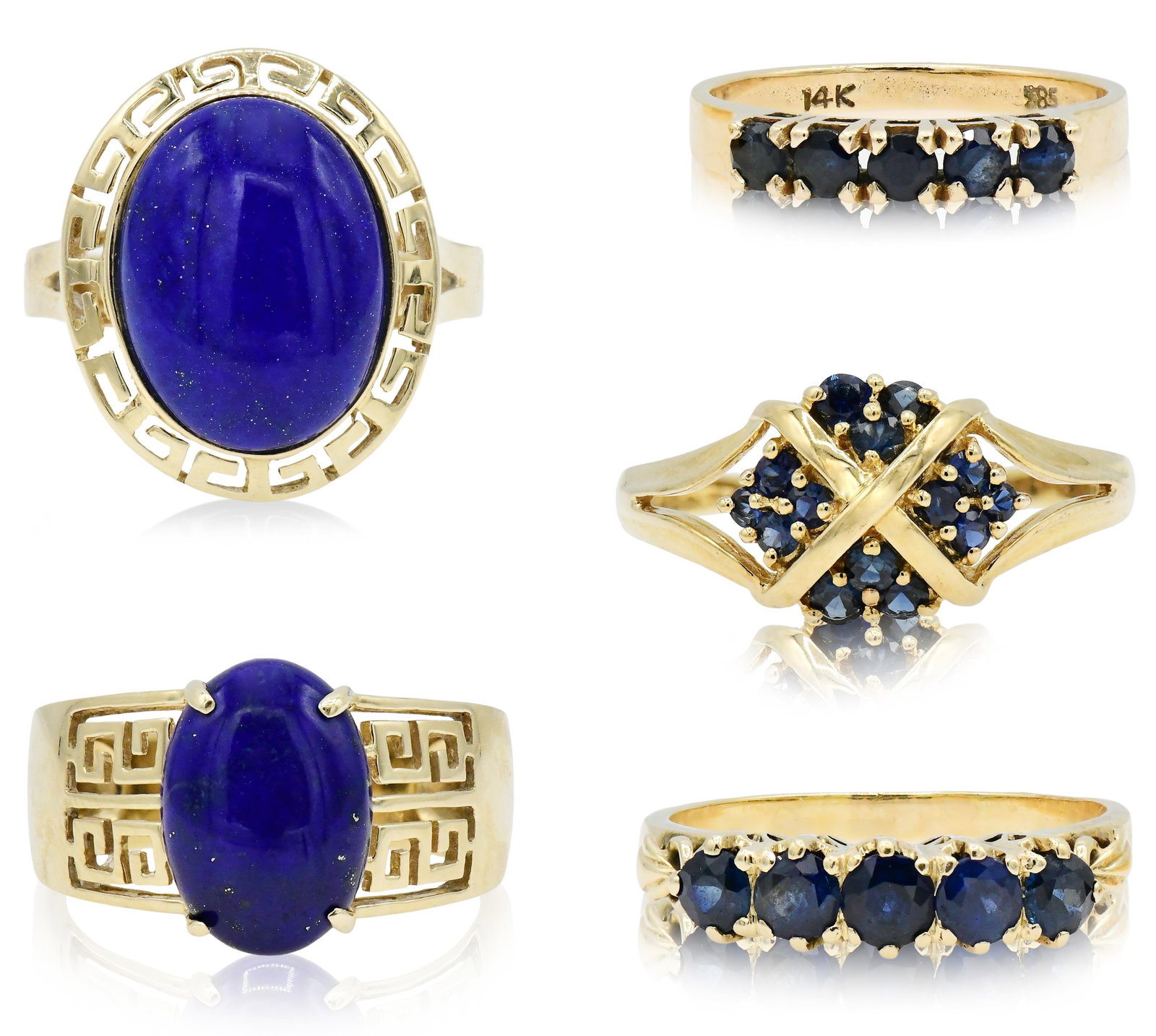 Group of Five Yellow Gold Rings: Group of Five Yellow Gold Rings • two 14K yellow gold faceted sapphire rings, 10 1/4 & 7 1/4 (ring sizes) • two 14K yellow gold lapis lazuli rings, 10 1/2 (ring sizes) • one 10K yell