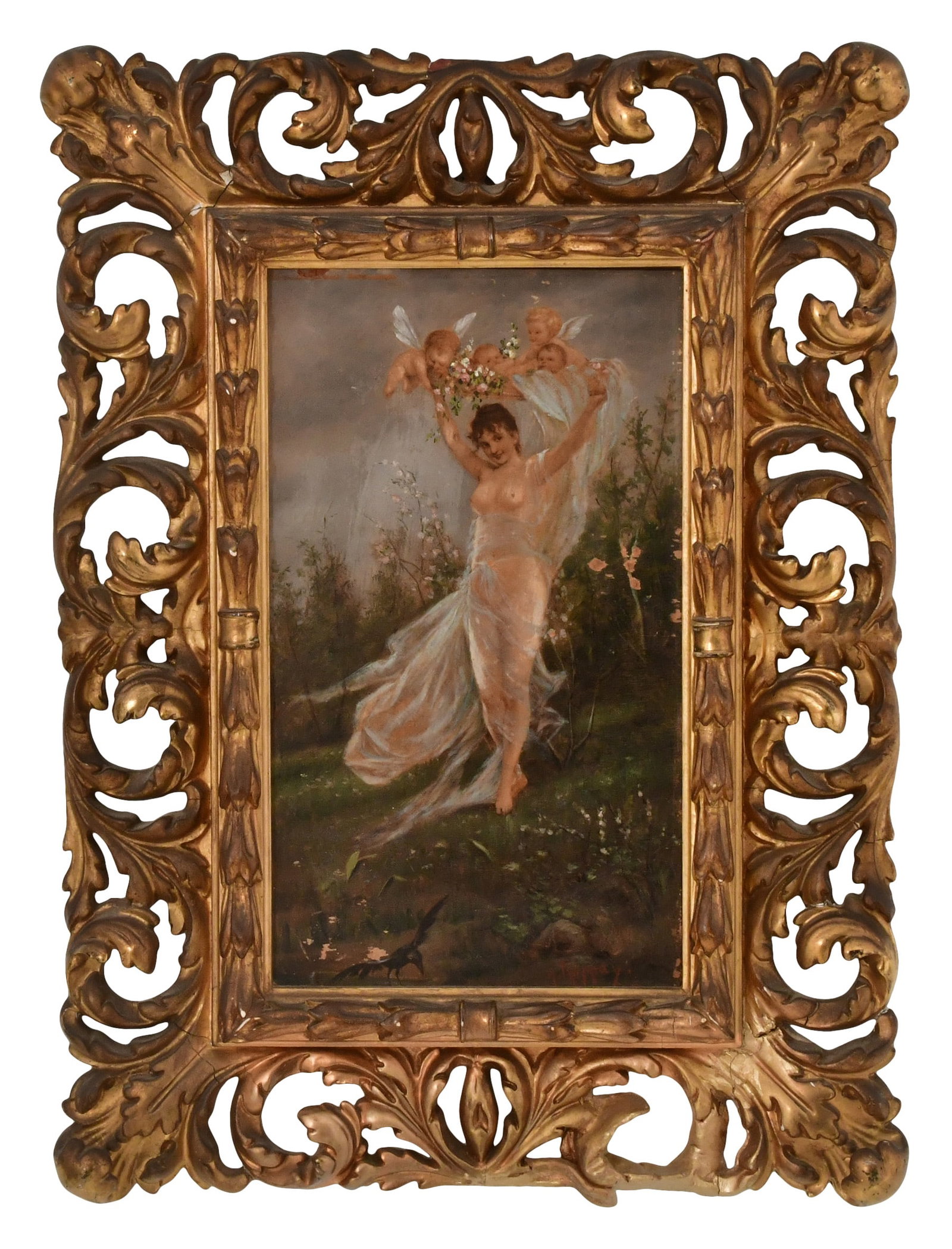 Joszi Arpad Koppay (Hungarian, 1859-1927), Nude Female with Cherubs: Joszi Arpad Koppay (Hungarian, 1859-1927) Nude Female with Cherubs oil on panel signed lower right 11 x 6 1/4 inches (board) 17 x 12 1/2 inches (frame) Provenance: Private Collection, New Jersey