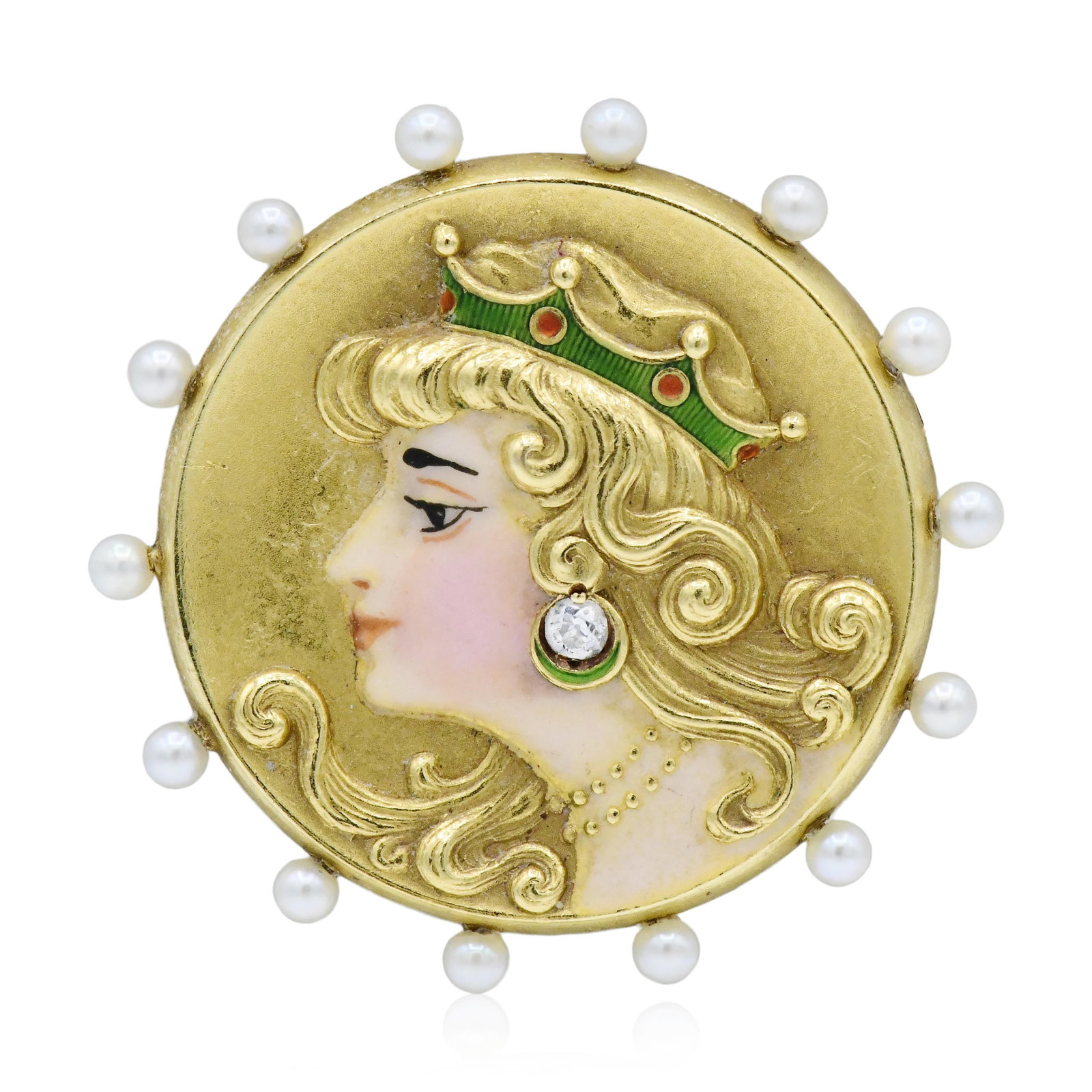 14K Yellow Gold, Diamond, Pearl & Enamel Art Nouveau Brooch: 14K Yellow Gold, Diamond, Pearl & Enamel Art Nouveau Brooch • set with a 0.04 carat Old European cut diamond • 1 1/8 inches (diameter) • 4.1 dwt (total weight) Other Notes: Fontaine'