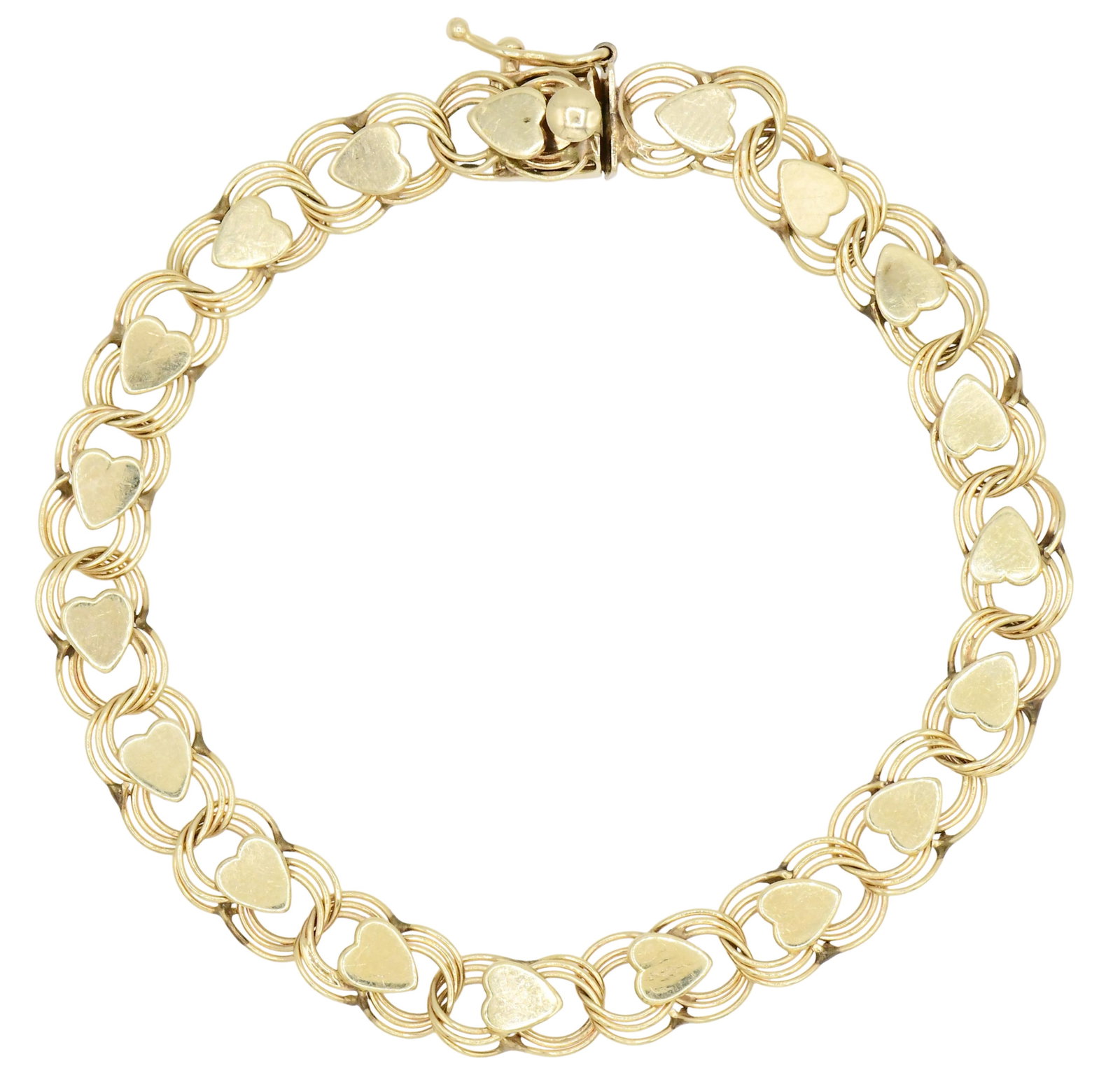 14K Yellow Gold Heart Link Charm Bracelet: 14K Yellow Gold Heart Link Charm Bracelet • CCC (makers mark) • 7 7/8 inches (length) • 6.3 dwt (total weight) Provenance: Private Collection, Massachusetts Other Notes: Fontaine's A