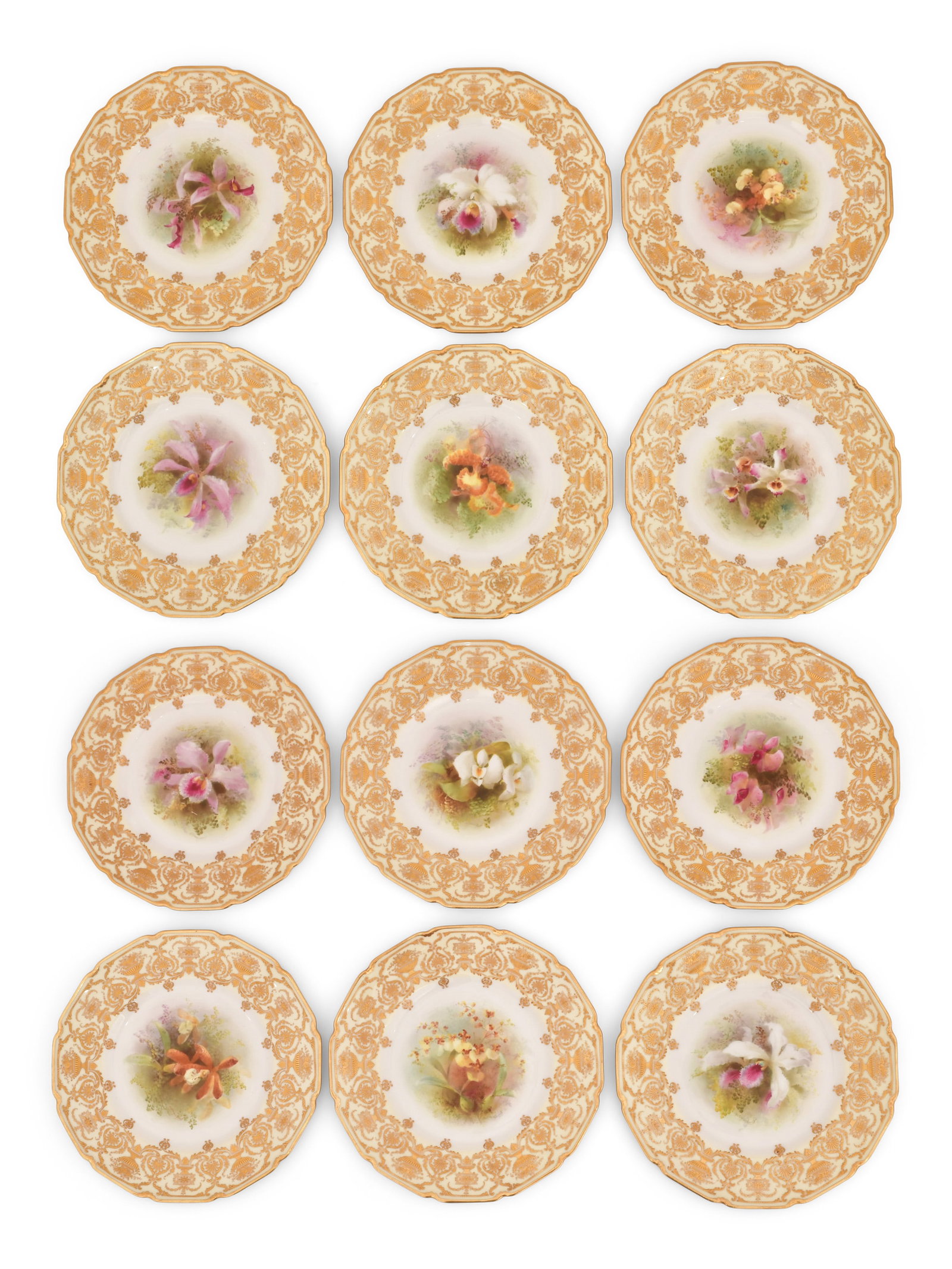 Set of Twelve Royal Doulton Hand-Painted Floral Plates: Set of Twelve Royal Doulton Hand-Painted Floral Plates 20th century marked "Royal Doulton, England / Jovington Bros" and artist signed "D. Dewsberry" 10 1/2 inches
