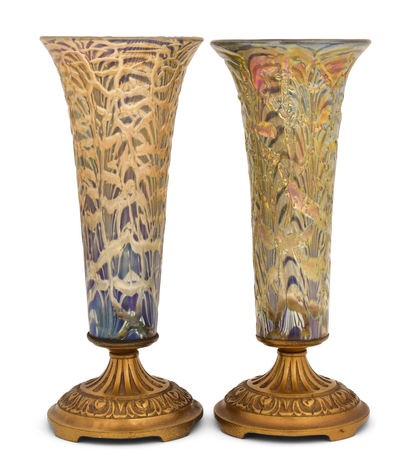 Pair of Durand "Moorish" Vases: Vineland Flint Glass Works Designed by Victor Durand Jr. Pair of "Moorish" Vases early 20th century art glass, gilt metal 10 1/2 x 4 1/4 inches Provenance: Private Collection, Massachusetts