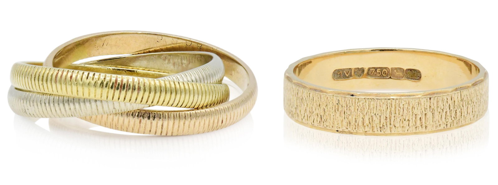 Two 18K Gold Rings: Two 18K Gold Rings • 18K yellow, white & rose gold interlocking ring, 7 3/4 (ring size) • 18K yellow gold textured ring, 11 1/2 (ring size) • 8.0 dwt (total lot weight) Provenance: P