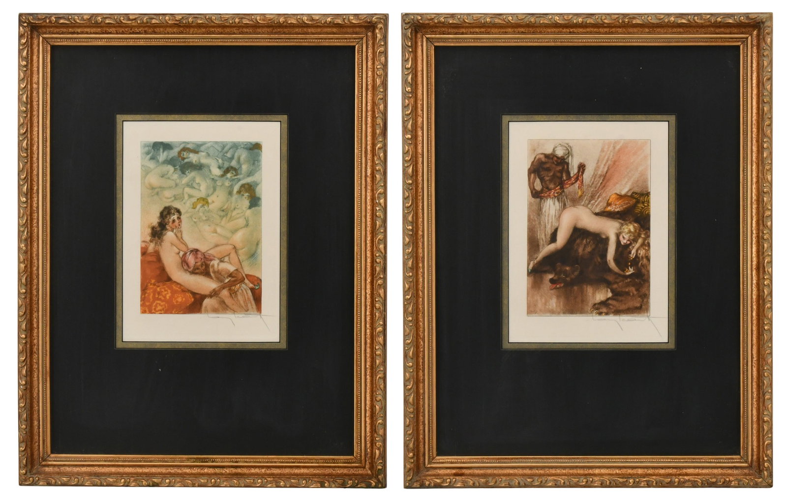 Louis Icart (French, 1888-1950), "Bearskin Encounter" & "In the Harem" From Le Sopha (1935): Louis Icart (French, 1888-1950) "Bearskin Encounter" & "In the Harem" From Le Sopha (1935) etching and acquaint in colors each signed "Louis Icart" 8 1/2 x 6 inches (sight) 18 x 14 inches (frame) P
