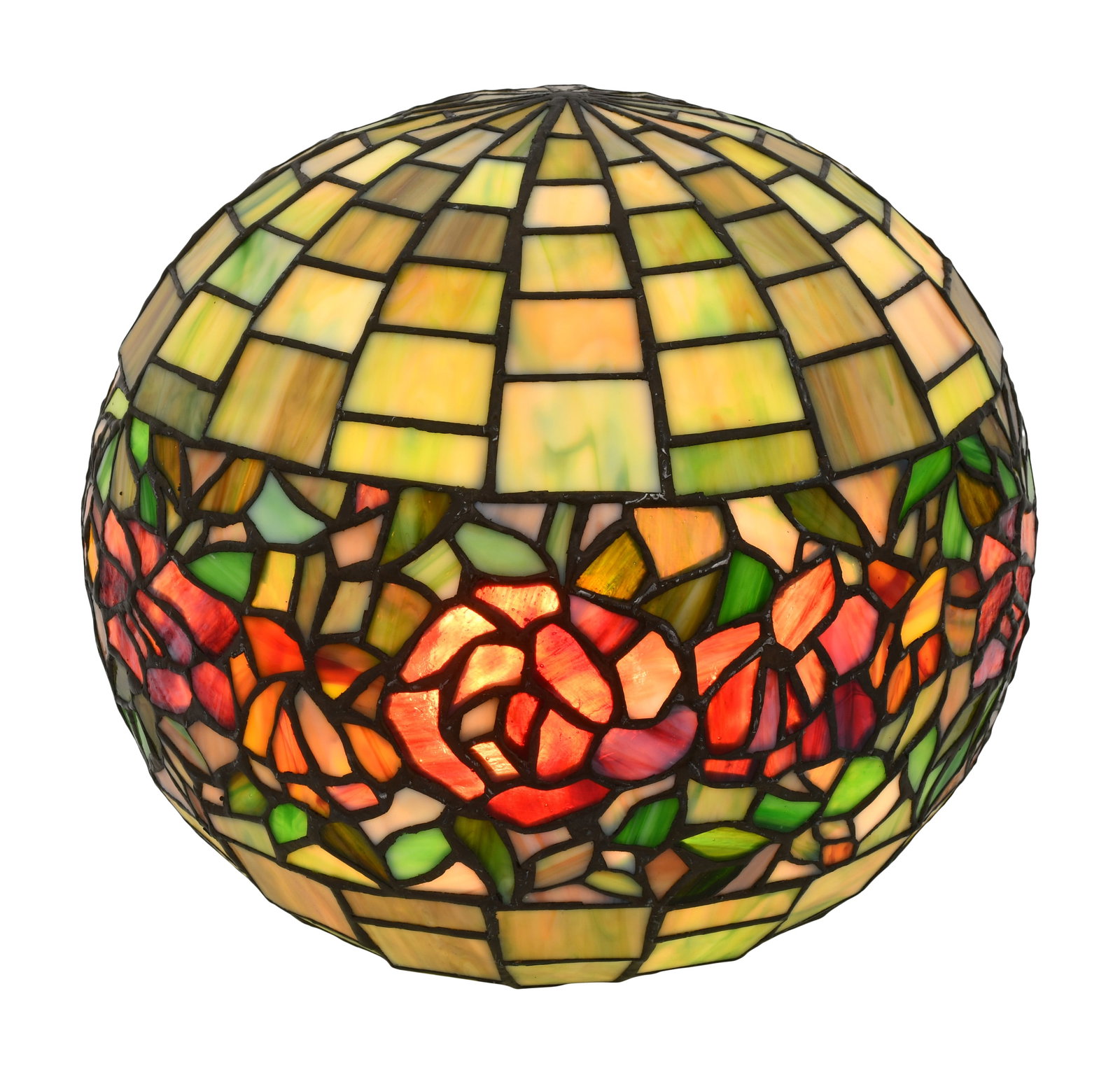 Attr. Unique Art Glass & Metal Co., Floral Globe Ceiling Light: Attr. Unique Art Glass & Metal Co. Floral Globe Ceiling Light early 20th century leaded glass, patinated metal 9 3/4 x 10 1/2 inches Provenance: Private Collection, New York
