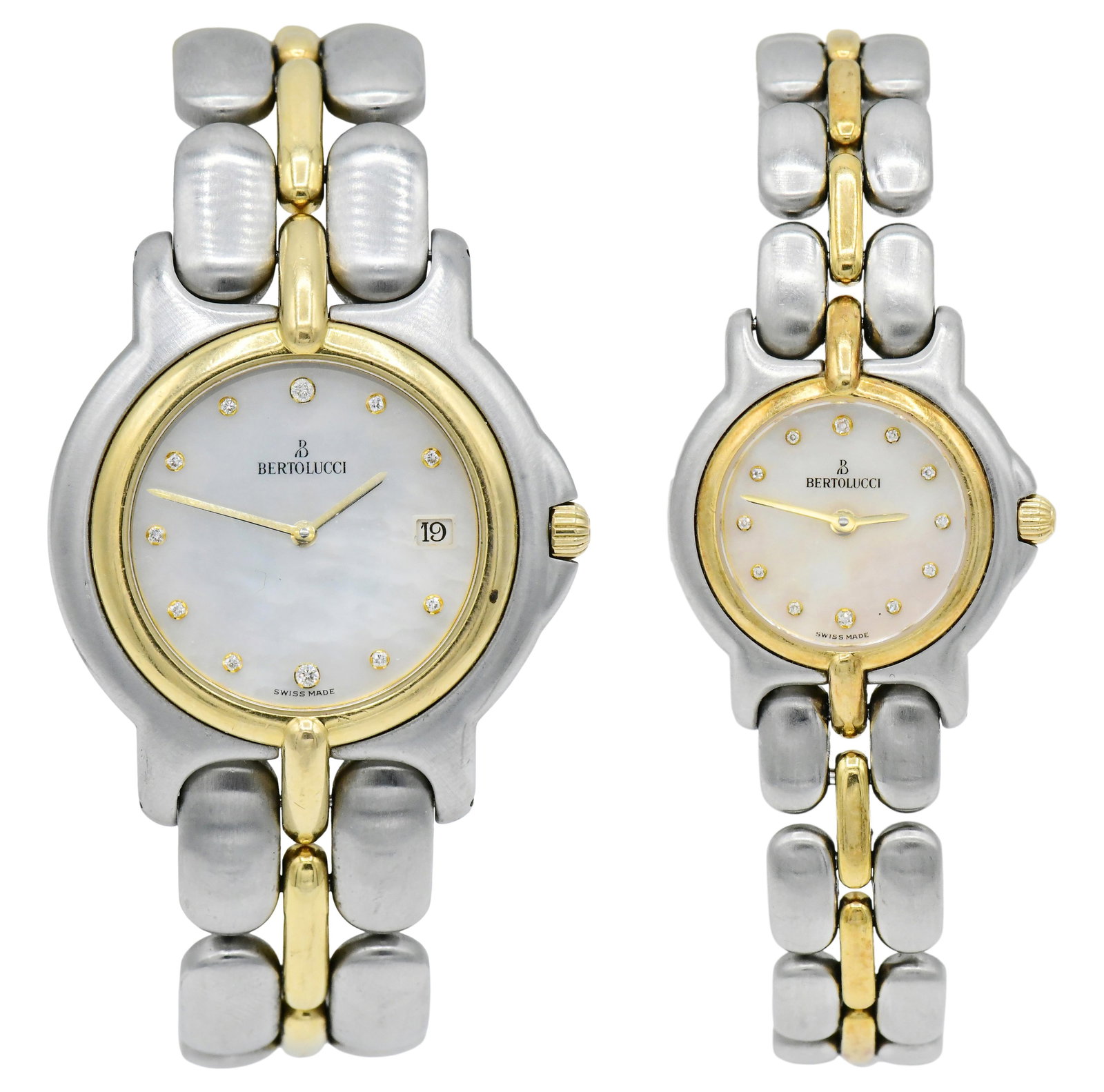 Bertolucci Stainless Steel, 18K Yellow Gold & Diamond Men & Ladies Wrist Watch Set: Bertolucci Stainless Steel, 18K Yellow Gold & Diamond Men & Ladies Wrist Watch Set Case: stainless steel, 18K yellow gold Case diameter: 34 mm (men's), 24mm (ladies) Dial: mother of pearl, round brill
