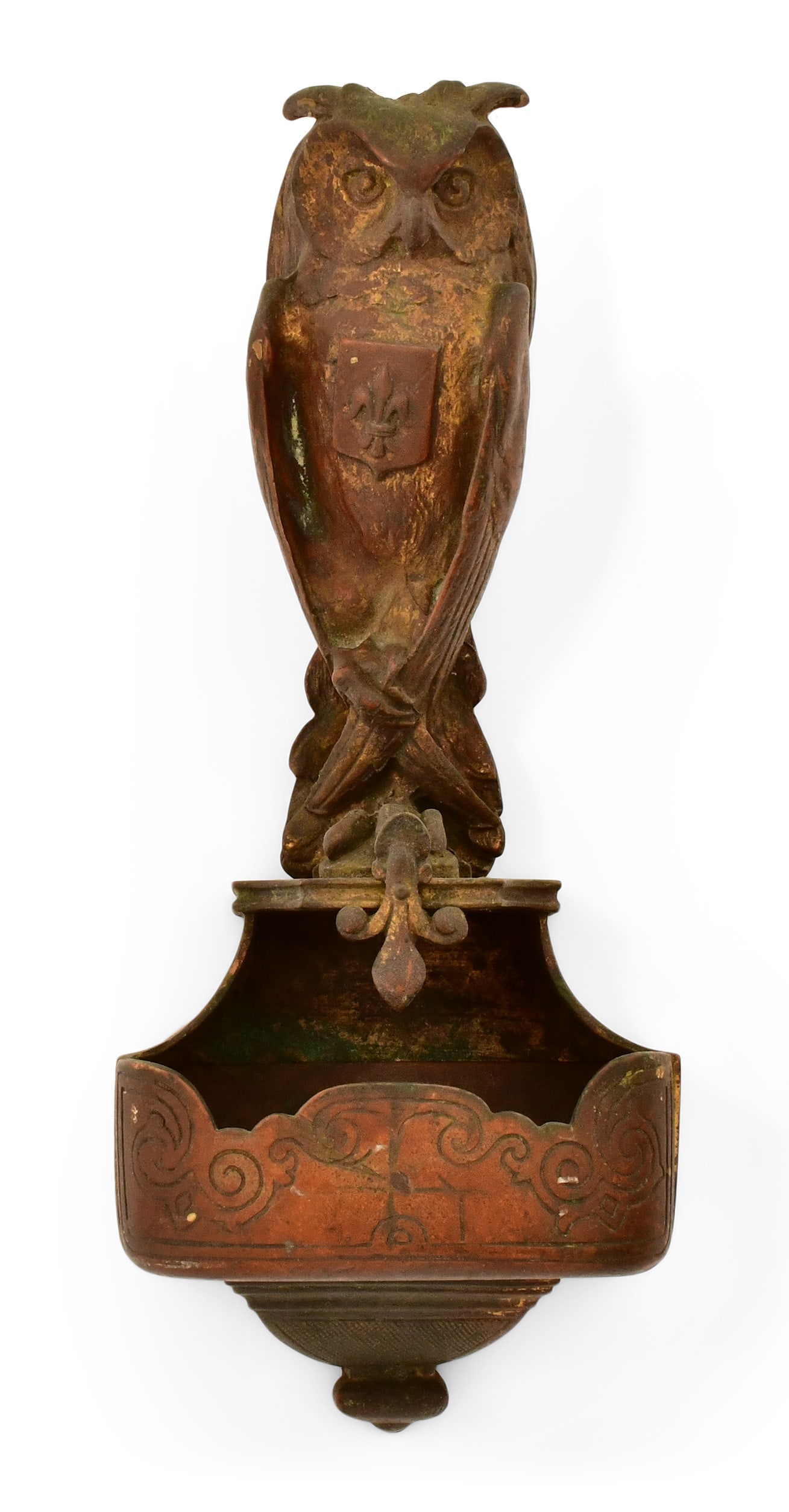 Tiffany & Co. "Owl" Bronze Wall Mount: Tiffany & Co. (New York, est. 1837) "Owl" Wall Mount late 19th century bronze marked "Tiffany & Co. / Makers / 0259 9233 / M" 9 1/4 x 3 3/4 x 2 1/2 inches Provenance: Property from an Important Nor