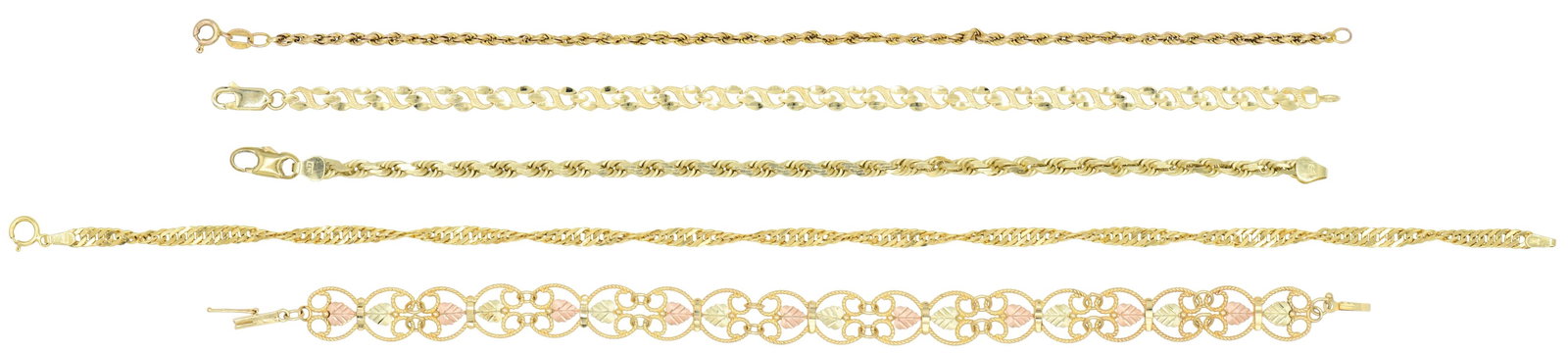 Group of Five 14K Yellow Gold Bracelets: Group of Five 14K Yellow Gold Bracelets • 11 inches (longest) • 17.2 dwt (total lot weight) Provenance: Private Collection, Connecticut Other Notes: Fontaine's Auction Gallery can arrange 