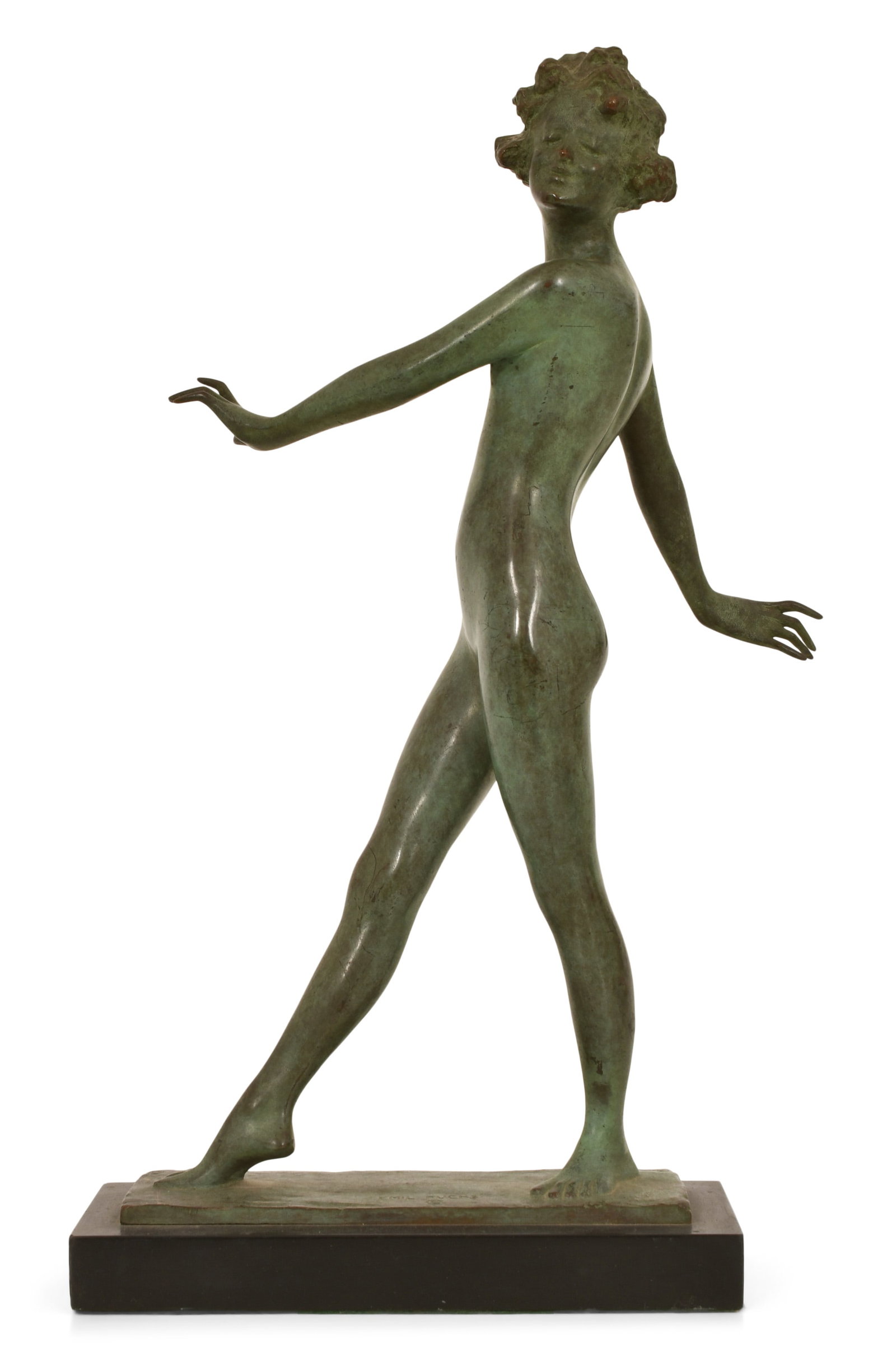 Emil Fuchs (American, 1866-1929), "The Dancer" Bronze Sculpture, Gorham Co. Foundry: Emil Fuchs (American, 1866-1929) "The Dancer" patinated bronze sculpture signed "Emil Fuchs" and with foundry mark "Gorham Co. Founders, QFWV" 13 x 8 x 4 1/2 inches Provenance: Property from an Import