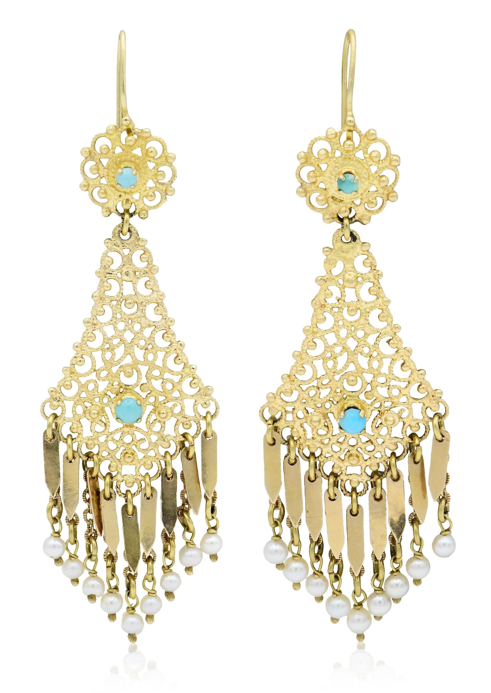 18K Yellow Gold & Turquoise Chandelier Earrings: 18K Yellow Gold & Turquoise Chandelier Earrings • 3 1/4 inches (length) • 8.8 dwt (total weight) Provenance: Private Collection, New York Other Notes: Fontaine's Auction Gallery can arrang