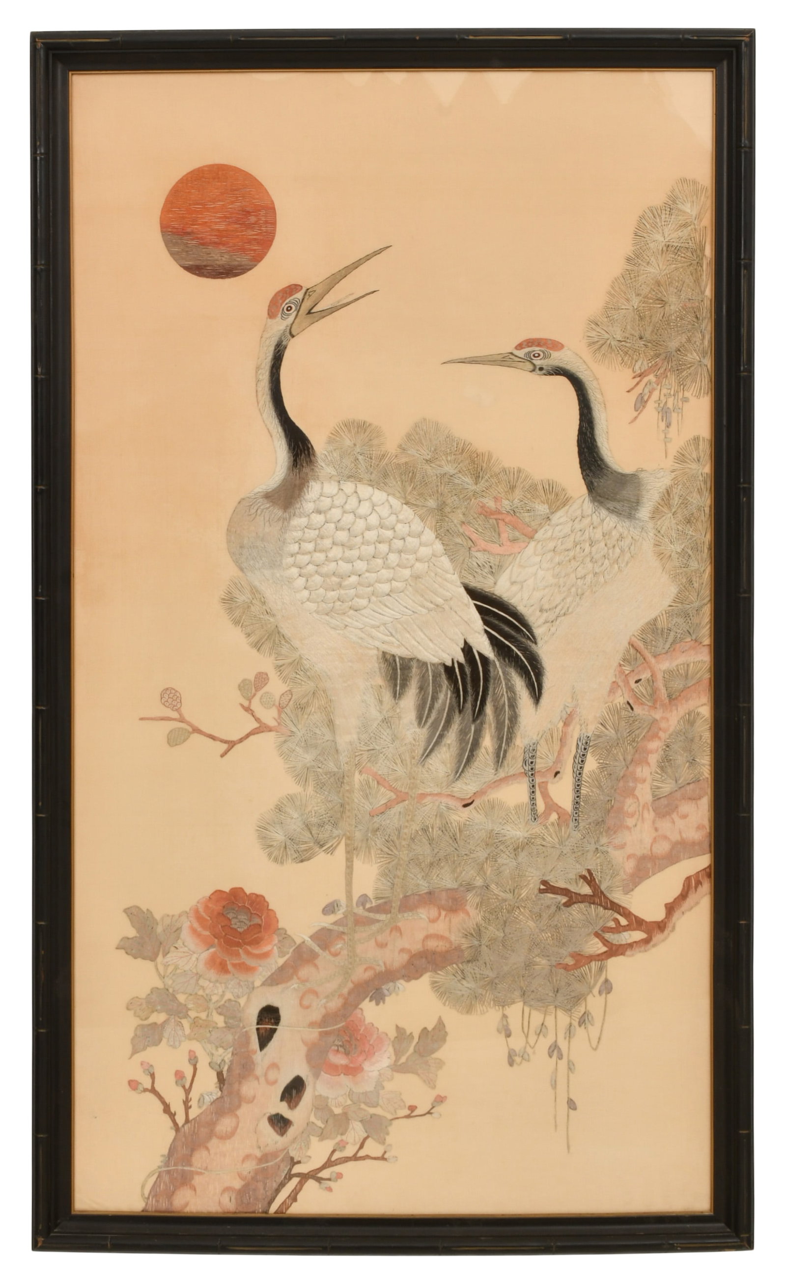 Japanese Embroidery of Two Cranes: Japanese Embroidery of Two Cranes 24 x 30 1/2 inches frame