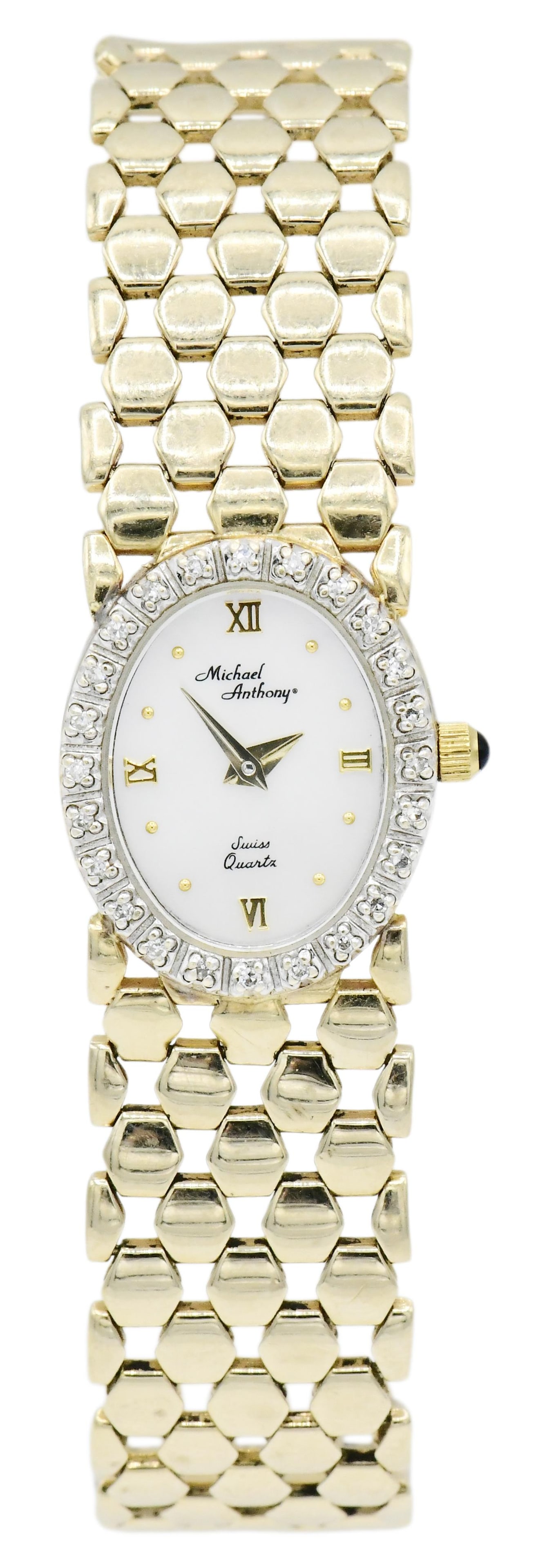 Michael Anthony 14K Yellow Gold & Diamond Wristwatch: Michael Anthony 14K Yellow Gold & Diamond Wristwatch Case: 14K yellow gold, 21 x 17 mm, set with single cut diamonds weighing a total of 0.12 carats, sapphire cabochon crown Dial: mother of pearl, app