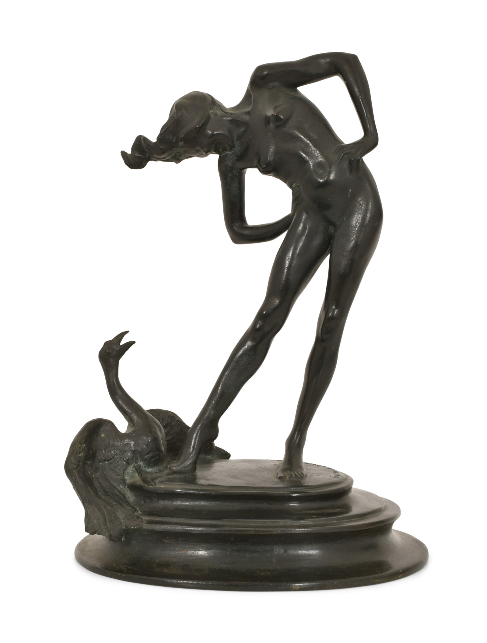 Genevieve Lee Hay (American, 1881-1918), "Leda and the Swan" Bronze Sculpture, Gorham Co. Foundry: Genevieve Lee Hay (American, 1881-1918) Gorham Co. Foundry "Leda and the Swan" patinated bronze signed and dated "Genevieve Lee Hay, 1915" and with foundry mark "Gorham Co. Founders, QAGA" 15 x 10 1/4