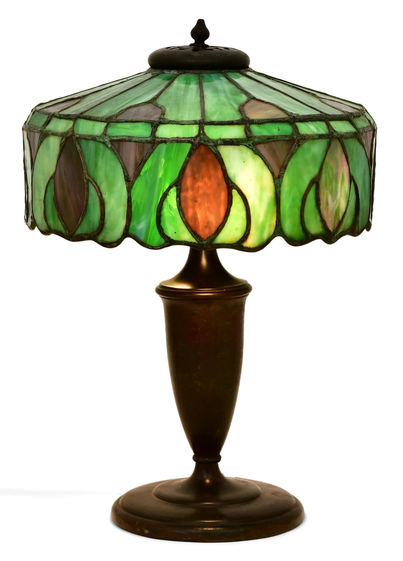 Duffner & Kimberly Leaded Glass Table Lamp: Duffner & Kimberly (New York, est. 1905) Table Lamp circa 1910 leaded glass, patinated metal 19 x 13 1/2 inches Provenance: Important Private Collection