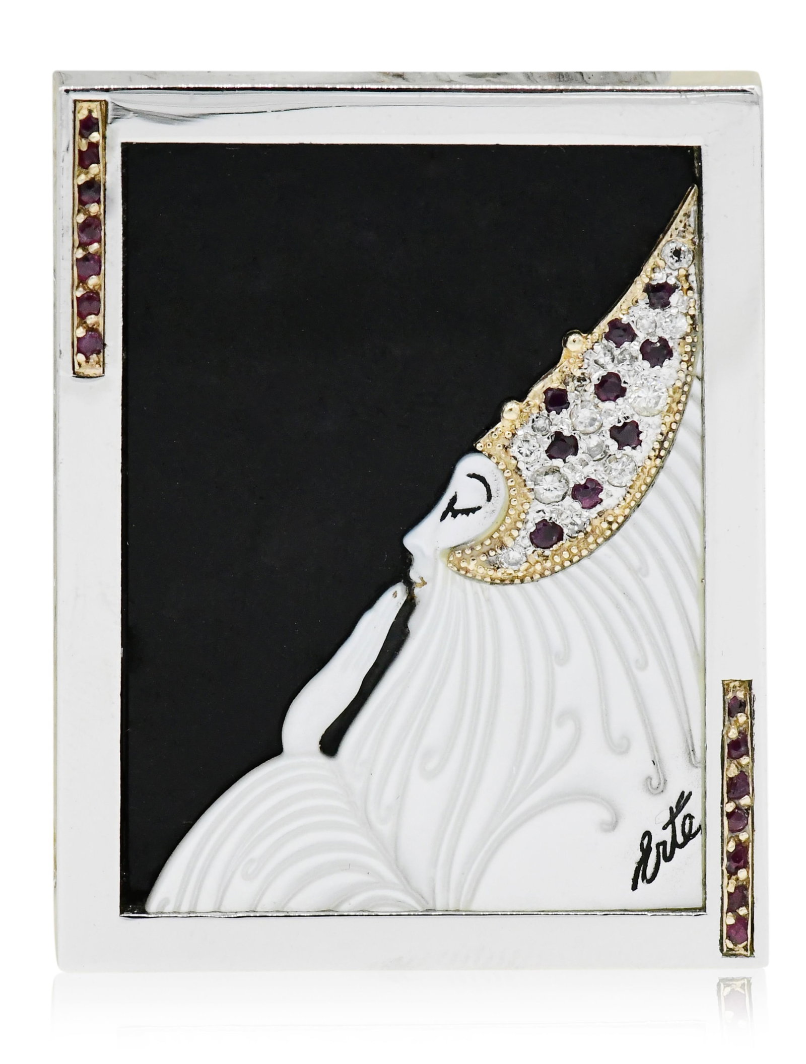 Erte Art Deco 14K Yellow Gold, Sterling Silver, Diamond, Ruby, Black Onyx & Mother of Pearl Brooch: Erte Art Deco 14K Yellow Gold, Sterling Silver, Diamond, Ruby, Black Onyx & Mother of Pearl Brooch • set with faceted round rubies weighing a total of 0.46 carats • accented by round brill