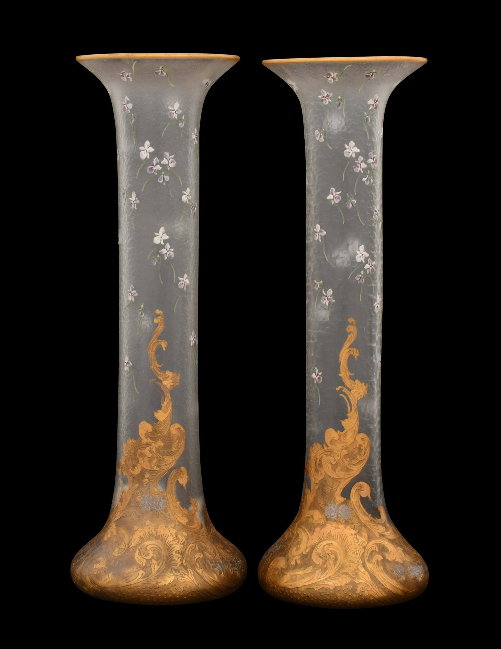 Pair of Attr. Legras Mont Joye Enamel-Decorated Glass Vases: Pair of Attr. Legras Mont Joye Enamel-Decorated Glass Vases circa 1900 unsigned 24 x 7 3/4 inches Provenance: Private Collection, New Jersey