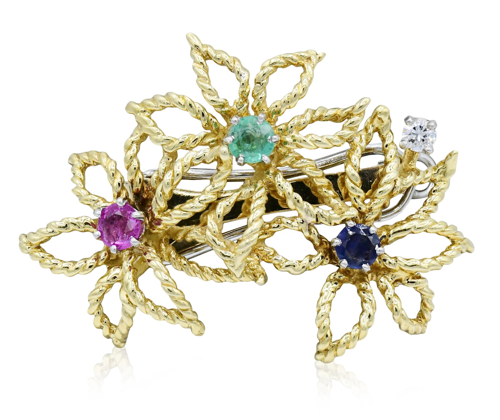14K Yellow Gold, Gemstone & Diamond Floral Barrette: 14K Yellow Gold, Gemstone & Diamond Floral Barrette • set with faceted round sapphire, ruby & emeralds weighing a total of 0.33 carats • accented by a 0.07 carat round brilliant diamond &#