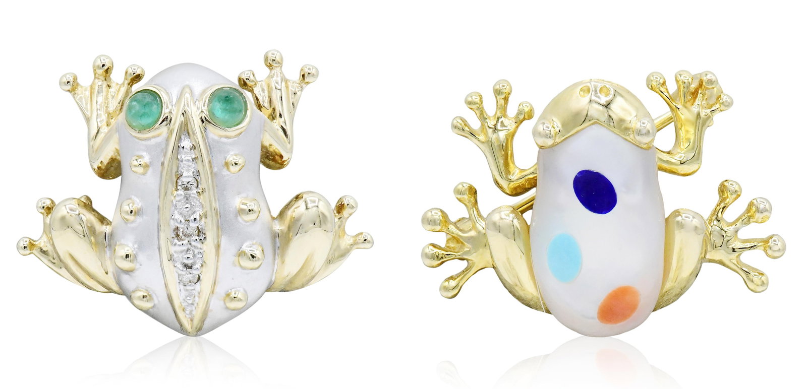 14K Yellow Gold Frog Brooches: 14K Yellow Gold Frog Brooches • one frog set with a mother of pearl cabochon with enamel accents • one frog set with round brilliant diamonds weighing a total of 0.05 carats, the eyes set 