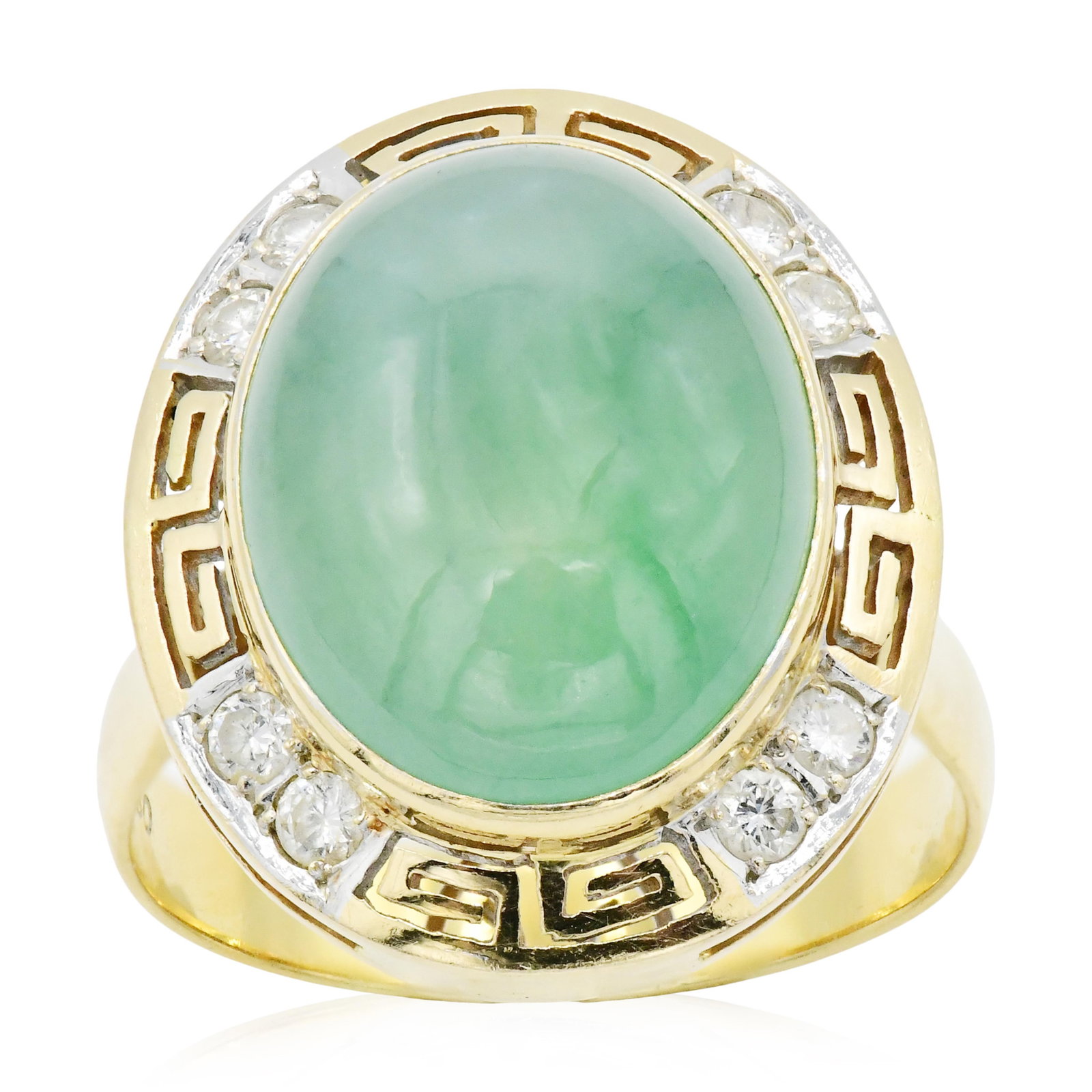 18K Yellow Gold, Jade & Diamond Ring: 18K Yellow Gold, Jade & Diamond Ring • featuring a 10.81 carat oval jade cabochon • accented by round brilliant diamonds weighing a total of 0.32 carats • makers mark: LT • 10 