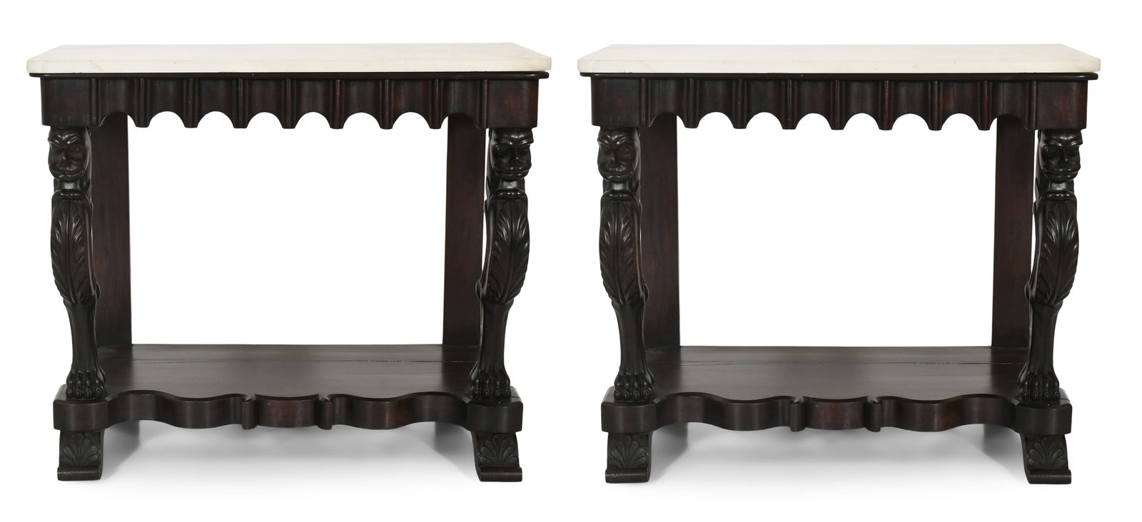 A Pair of 19th Century Rosewood Anglo-Indian Marble Top Consoles: A Pair of 19th Century Rosewood Anglo-Indian Marble Top Consoles 31 x 36 1/2 x 19 1/2 inches Provenance: Private Collection, Pennsylvania