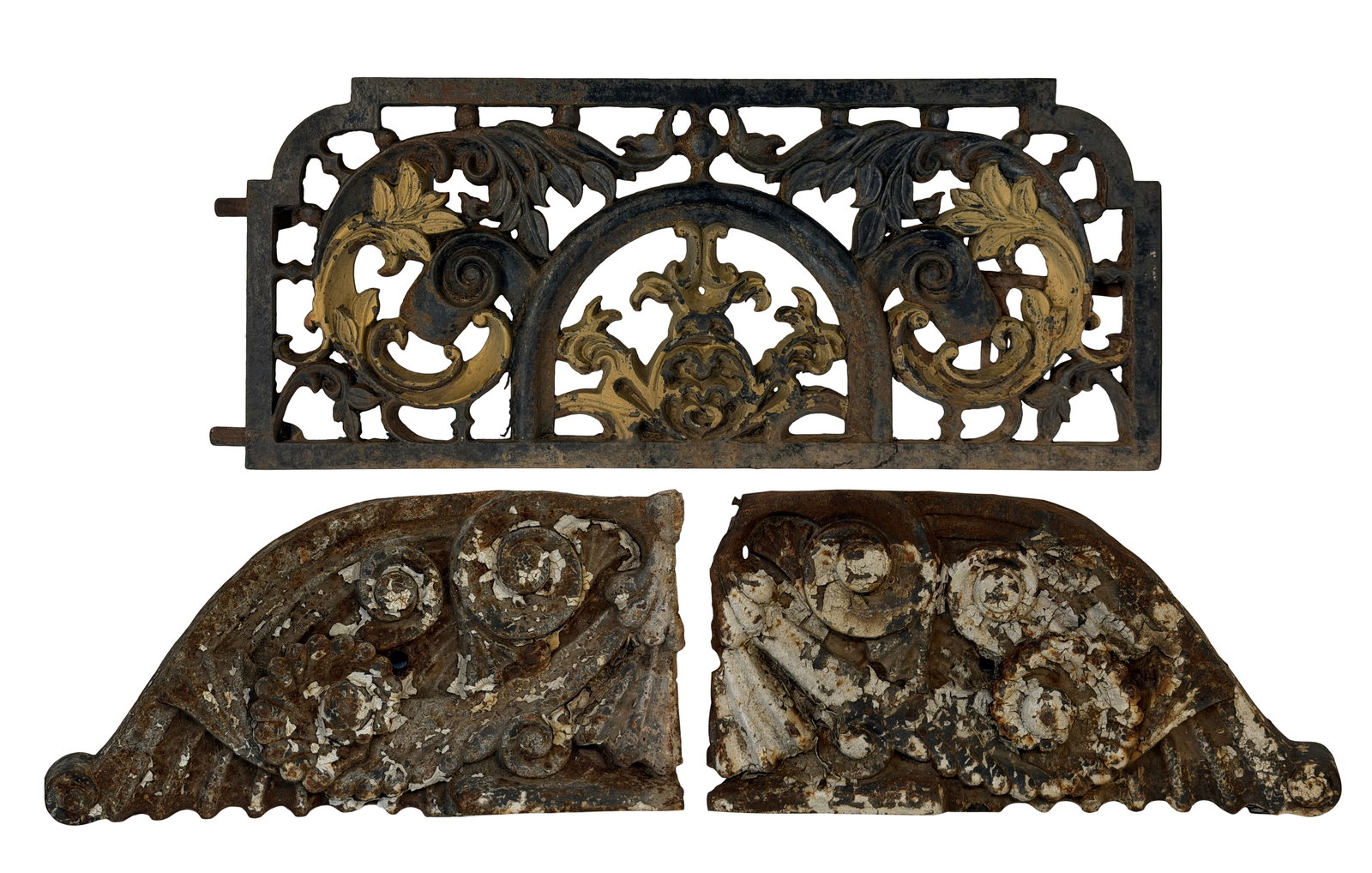 A Cast Iron Grate Door & Two Corbels: A Cast Iron Grate Door & Two Corbels 19th century 15 x 37 x 1 inches (large piece) 26 x 13 1/2 inches (side piece) Provenance: Private Collection, Pennsylvania