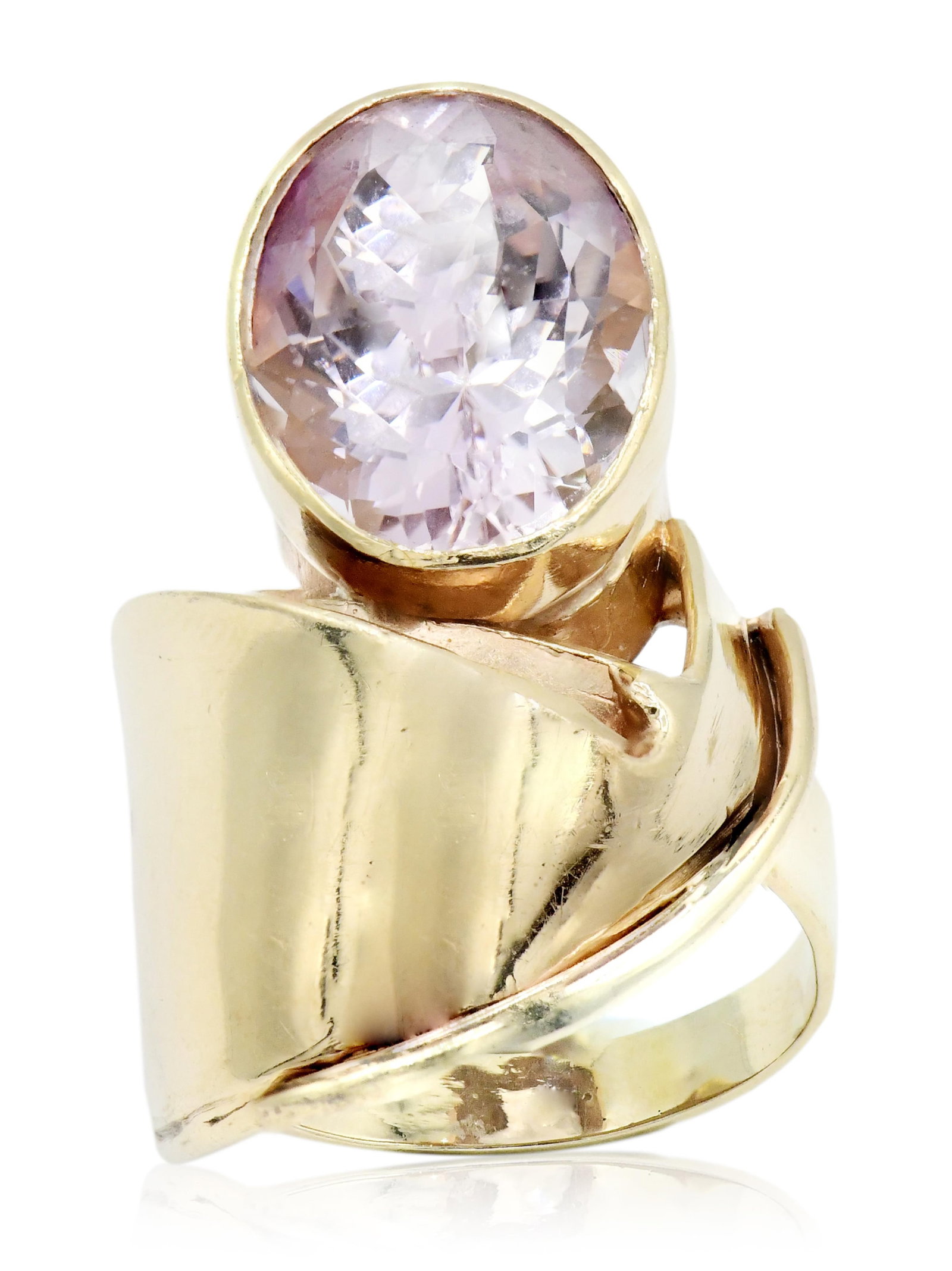 Ash 14K Yellow Gold & Quartz Abstract Ring: Ash 14K Yellow Gold & Quartz Abstract Ring • featuring a 12.69 carat faceted oval rose quartz • 10 1/2 (ring size) • 12.5 dwt (total weight) Provenance: Private Collection, Connectic