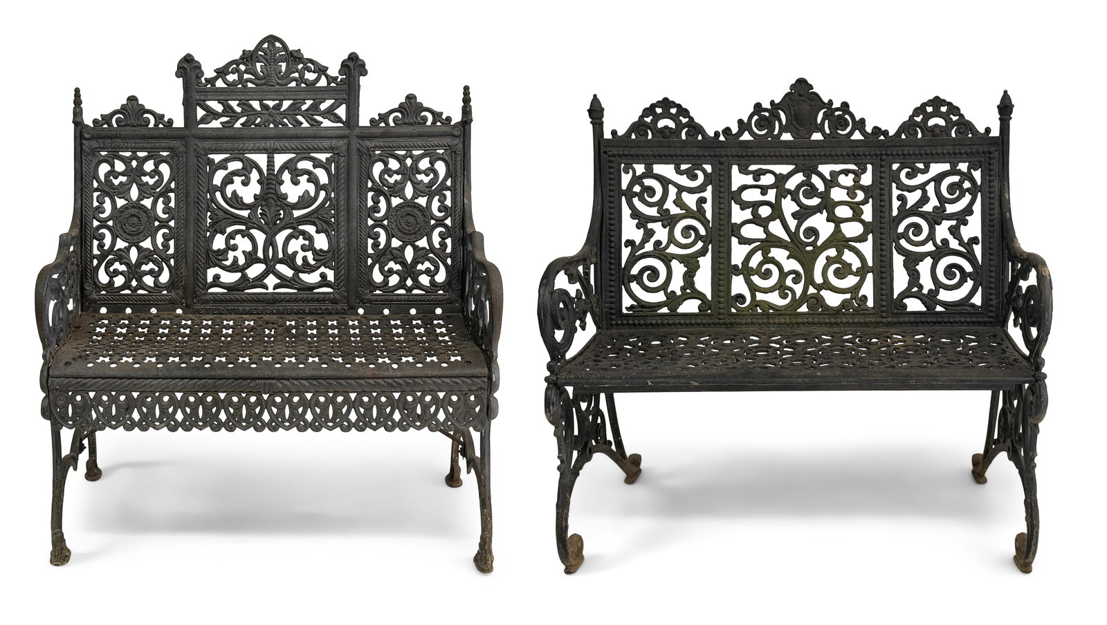 Two American Cast Iron Garden Benches: Two American Cast Iron Garden Benches 19th century 36 1/2 x 33 x 17 inches (first) 35 x 36 x 19 1/2 inches (second) Provenance: Private Collection, Connecticut