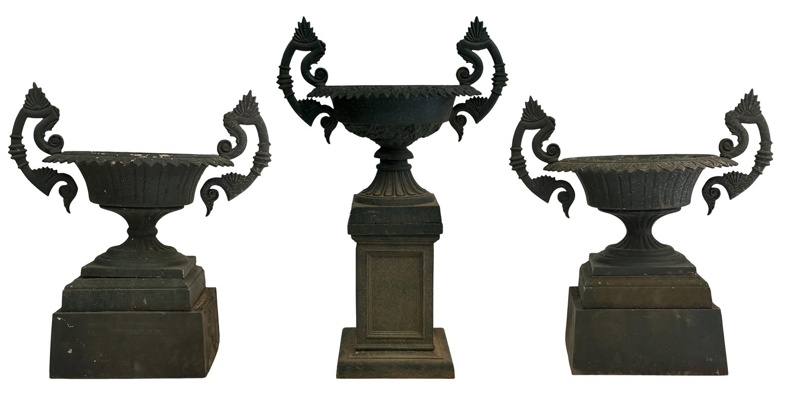Three American Cast Iron Two-Handled Urns, J.W. Fiske & Washington Iron Works: Three American Cast Iron Two-Handled Urns, J.W. Fiske & Washington Iron Works 19th century the large base signed "J.W. Fiske, N.Y." and one smaller base signed "Washington Iron Works, Buffalo, N.Y." 4