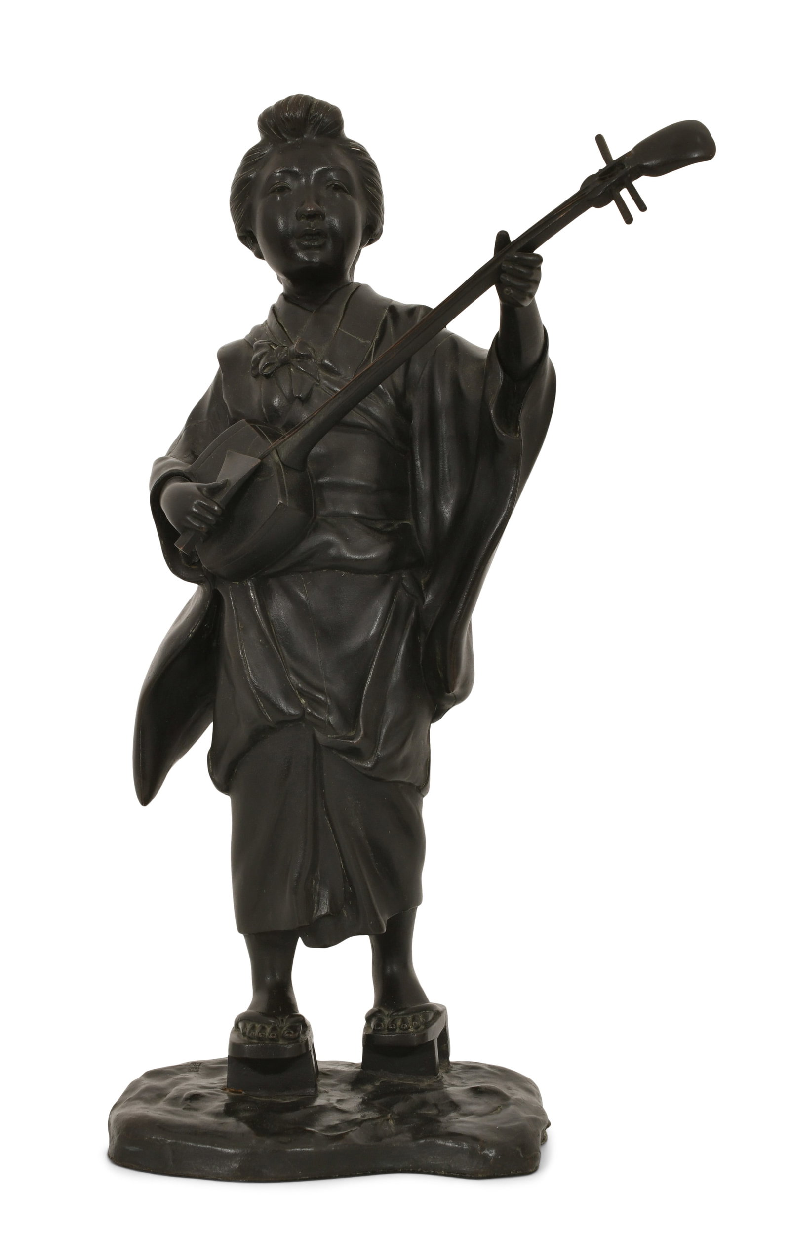 Japanese Patinated Bronze Sculpture of a Woman Playing a Shamisen: Japanese Patinated Bronze Sculpture of a Woman Playing a Shamisen early 20th century 18 x 10 1/2 x 6 inches Provenance: Private Collection, New Hampshire