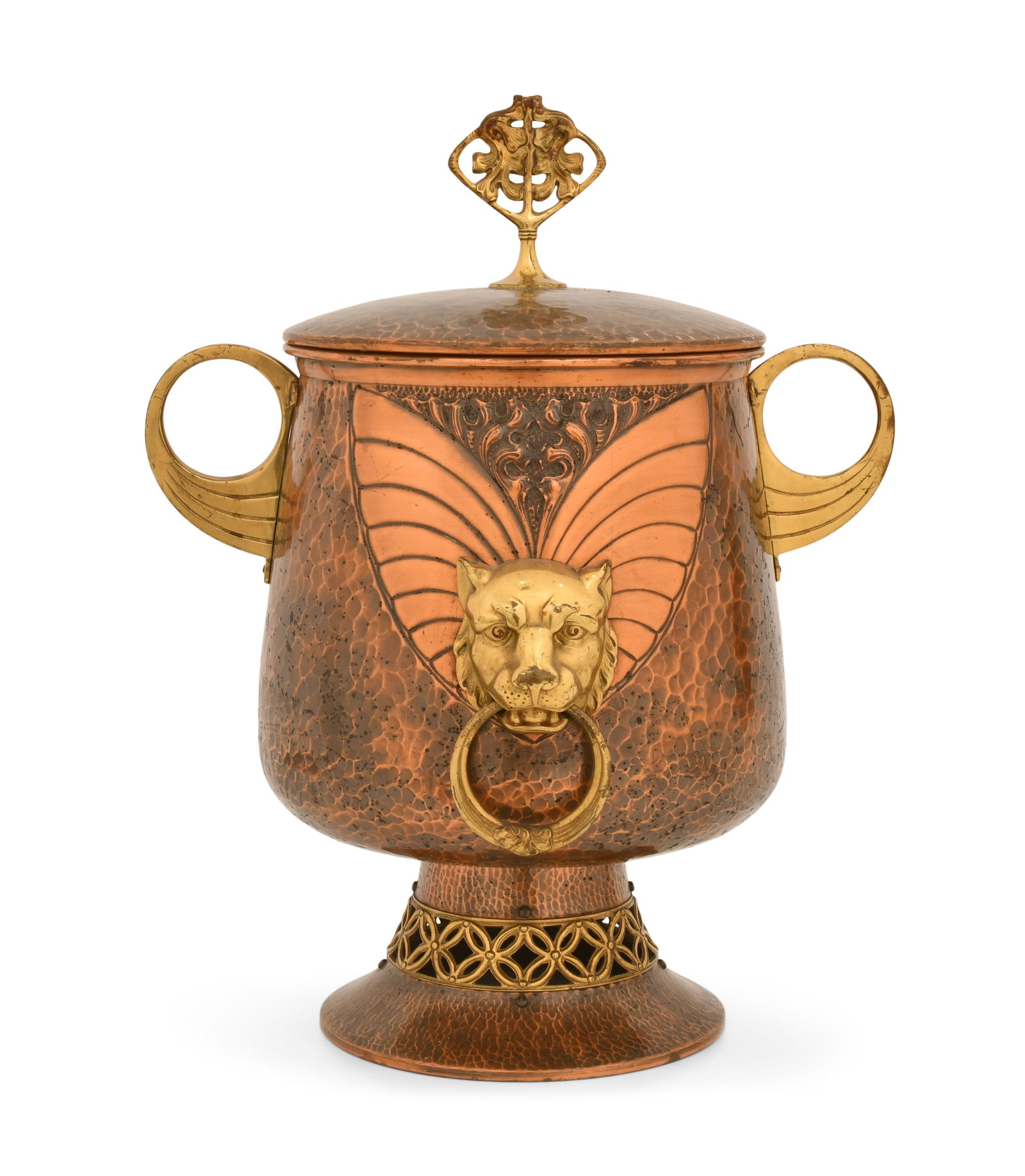 WMF Art Nouveau Hammered Copper & Gilt Bronze Covered Urn with Lion Heads (1 of 7)