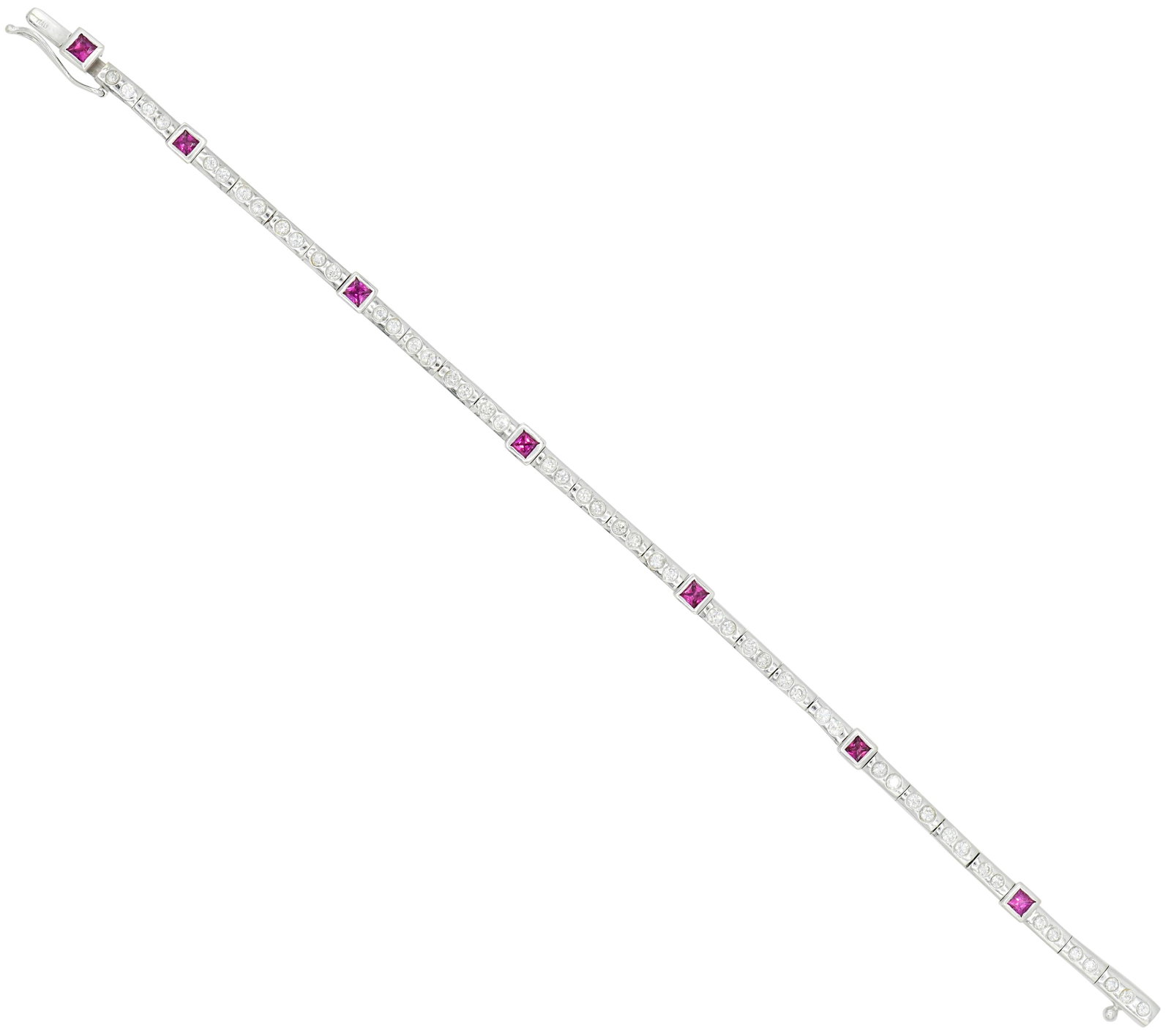 18K White Gold, Diamond & Ruby Bracelet: 18K White Gold, Diamond & Ruby Bracelet • set with round brilliant diamonds weighing a total of 1.17 carats • accented by faceted square rubies weighing a total of 0.49 carats • 7 3/