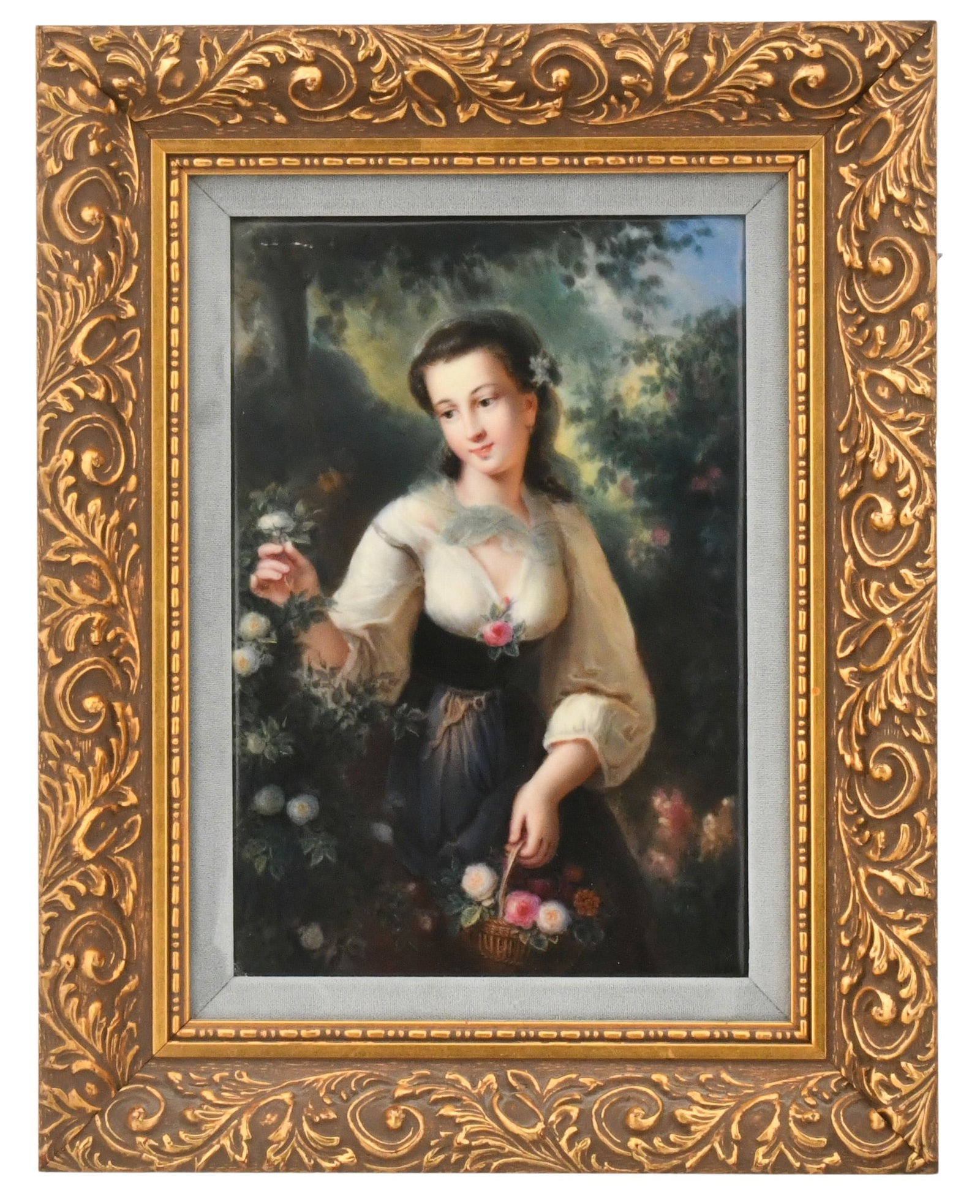 German Porcelain Plaque of a Woman: German Porcelain Plaque of a Woman late 19th century signed illegibly lower right, verso marked "... Guido Rathke von Maler Ens, Lanscha / 25242 / K" 10 x 6 3/4 inches (plaque) 14 x 11 inches (overall