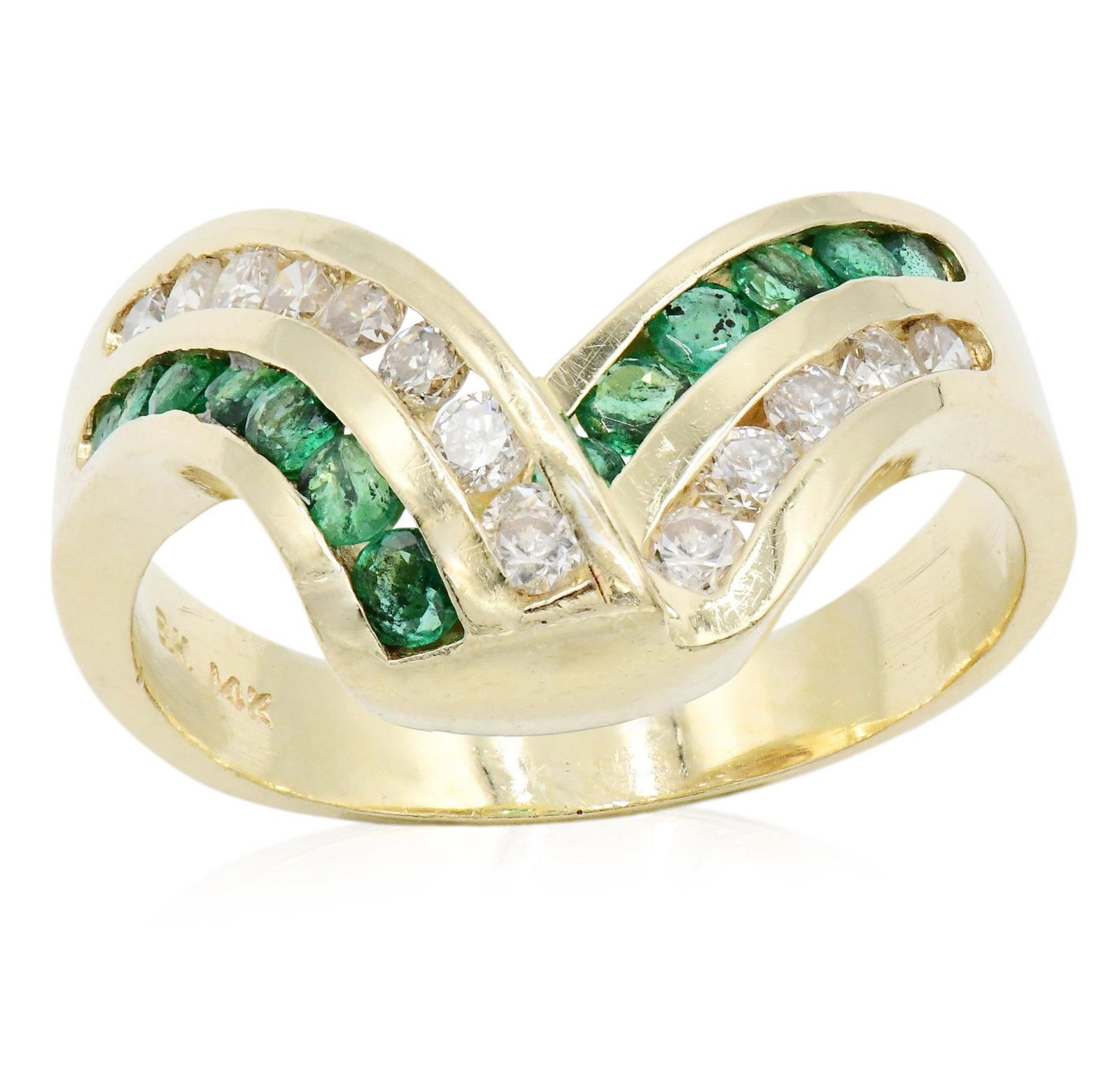 14K Yellow Gold, Emerald & Diamond Ring: 14K Yellow Gold, Emerald & Diamond Ring • set with round brilliant diamonds weighing a total of 0.49 carats • accented by faceted round emeralds weighing a total of 0.47 carats • mak
