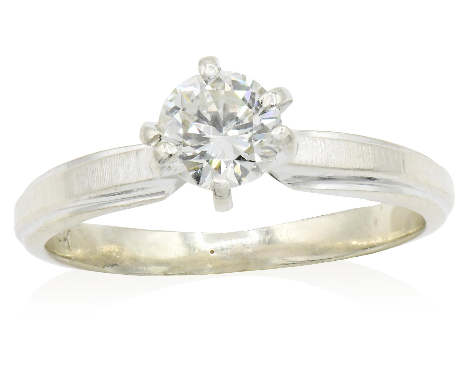 14K White Gold & Diamond Ring: 14K White Gold & Diamond Ring • featuring a 0.38 carat round brilliant diamond with J color, SI1 clarity, Fair cut and Faint fluorescence • AB (makers mark) • 3 3/4 (ring size) ̶