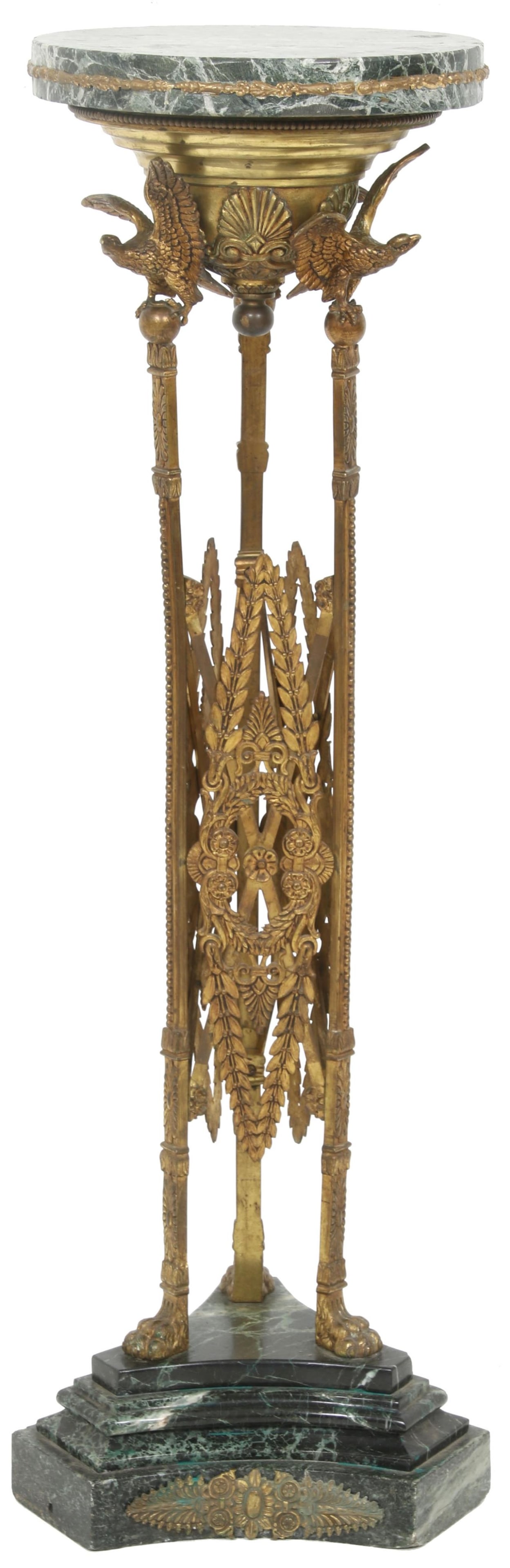French Empire Style Gilt Bronze Eagle Pedestal: French Empire Style Gilt Bronze Eagle Pedestal late 19th century the pedestal with eagles on top of the three legs that are supported at the center by leaf and floral quadrants and held up by claw fee