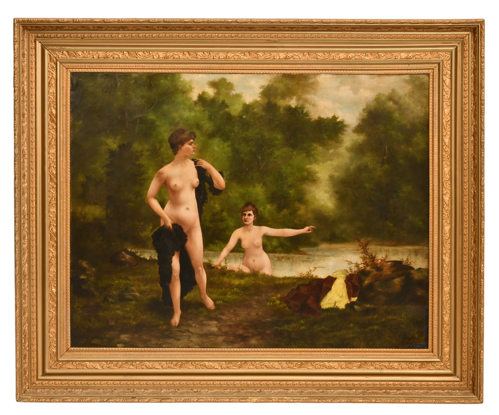 Jules Frederic Ballavoine (French, 1855-1901), Nude Women Bathing in a Pond: Jules Frederic Ballavoine (French, 1855-1901) Nude Women Bathing in a Pond oil on canvas signed lower right and inscribed "Property of the Palm Bowling Alley, Jorgensen + Dreissen" (frame rail) 36 x 4