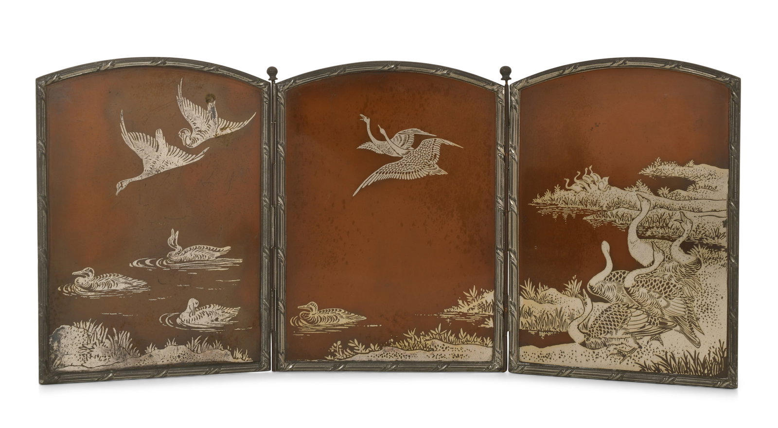 Reed & Barton Copper & Silver Three-Panel Tea Screen: Reed & Barton Copper & Silver Three-Panel Tea Screen circa 1910 marked "Reed & Barton" 7 x 15 1/2 inches Provenance: Property from an Important Northeast Collection Other Notes: Fontaine's Auction Gal