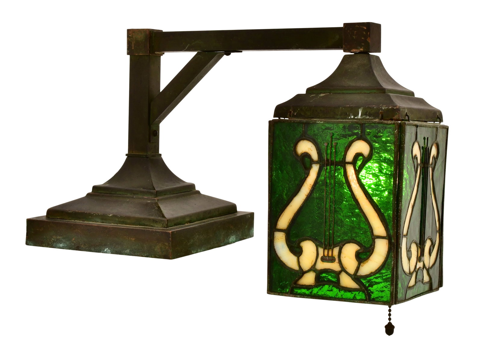 Handel Leaded Glass "Lyre" Piano Lamp: Handel Company (Connecticut/New York, 1885-1936) "Lyre" Piano Lamp early 20th century patinated metal, leaded glass base with cloth tag "Handel" 9 x 15 x 6 1/2 inches Provenance: Property from an I