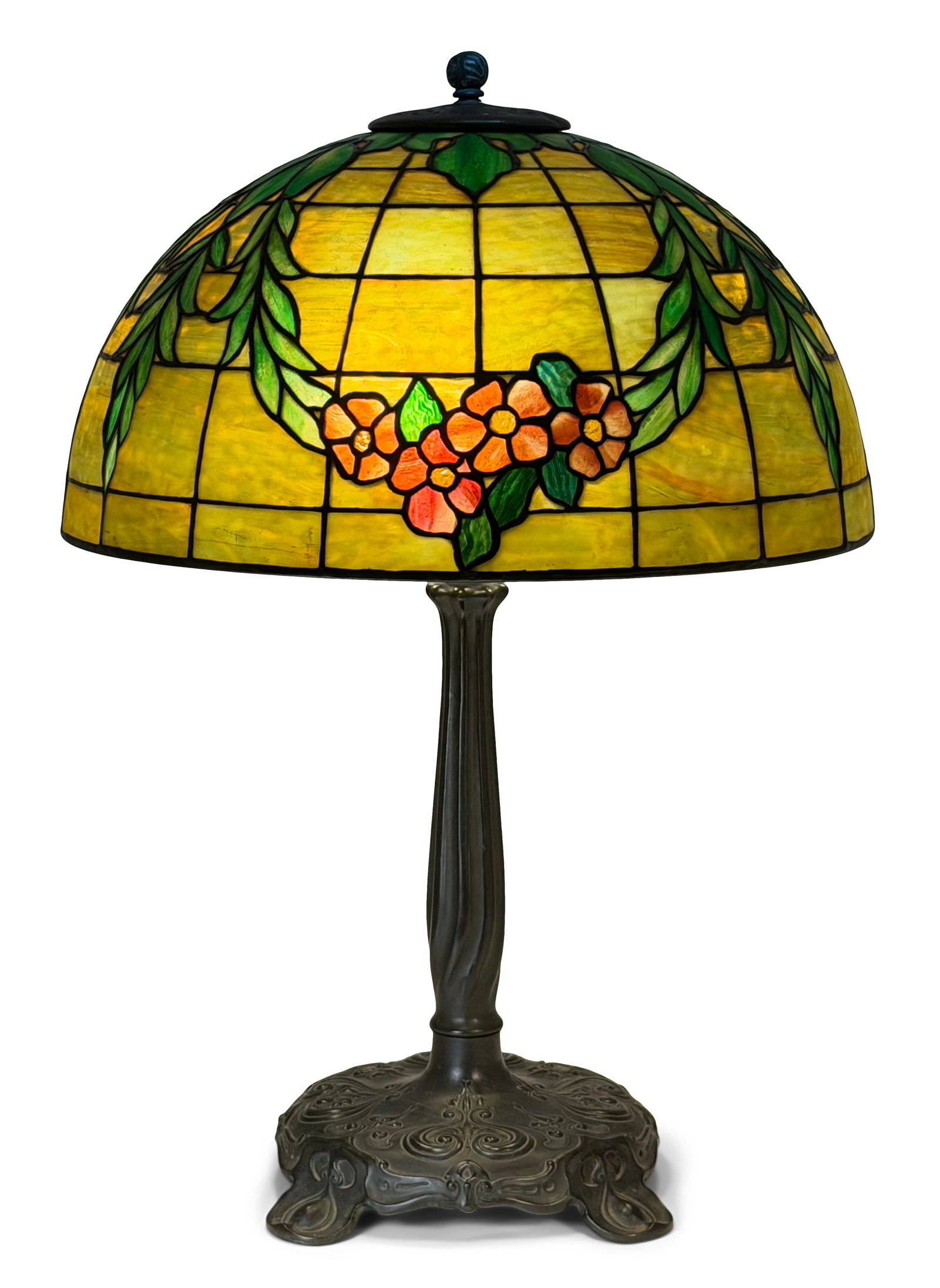Alfred Henry Freeman Floral Leaded Glass Table Lamp with a Reed & Barton Base: Alfred Henry Freeman Floral Leaded Glass Table Lamp with a Reed & Barton Base early 20th century shade signed "A.H. Freeman" and base signed "Reed & Barton, B105" 26 x 18 inches Provenance: Property f