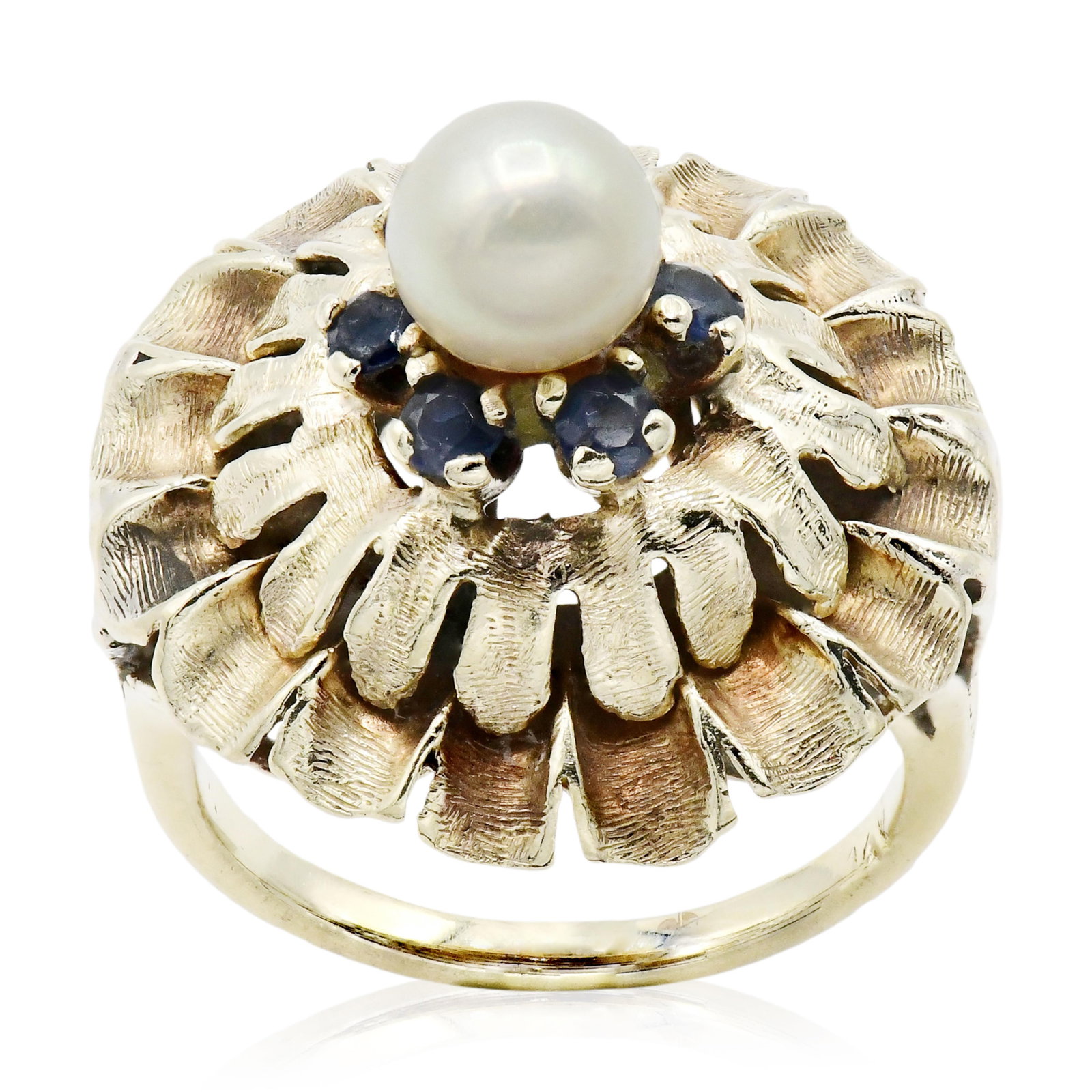 14K Yellow Gold, Sapphire & Pearl Ring: 14K Yellow Gold, Sapphire & Pearl Ring • centering an approximately 7.00 mm cultured pearl • accented by faceted round sapphires weighing a total of 0.48 carats • 7 1/2 (ring size) &