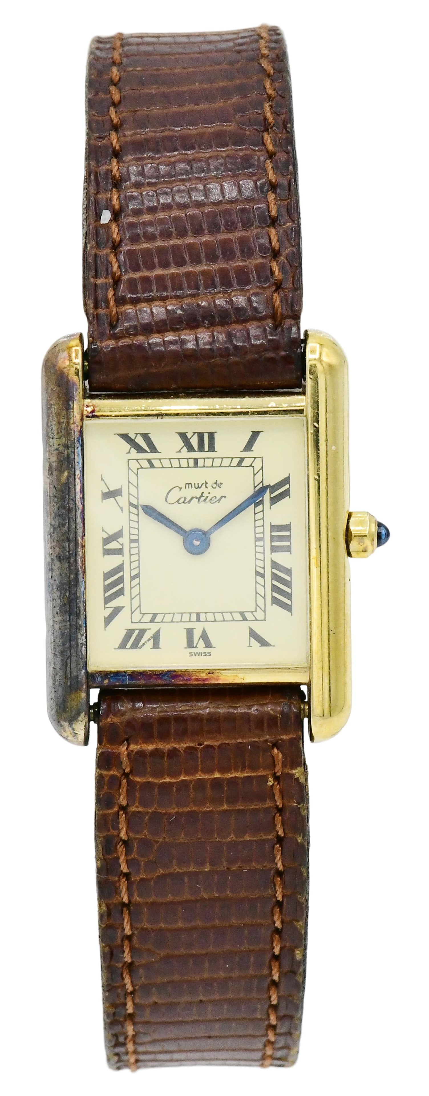 Must De Cartier Sterling Silver Tank Wrist Watch: Must De Cartier Sterling Silver Tank Wrist Watch Case: sterling silver, 19mm x 27mm, sapphire cabochon crown Dial: cream, black inner minute track, Roman numerals Bracelet: leather Movement: quartz Le