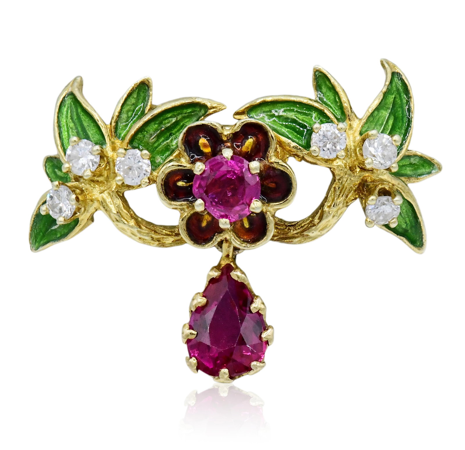 18K Yellow Gold, Diamond, Ruby & Enamel Art Nouveau Brooch/Pendant (1 of 2)