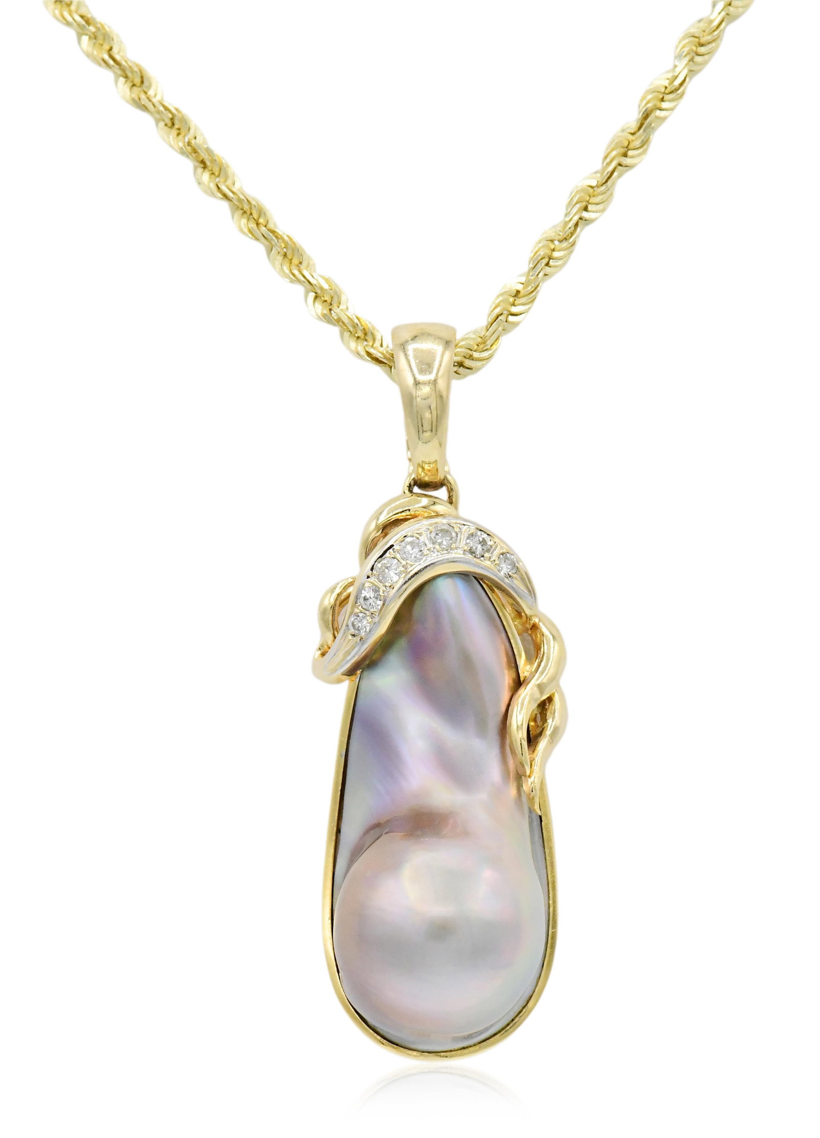 14K Yellow Gold, Diamond & Blister Pearl Pendant Necklace: 14K Yellow Gold, Diamond & Blister Pearl Pendant Necklace • set with round brilliant diamonds weighing a total of 0.10 carats • 1 11/16 inches (pendant length) • 23 7/8 inches (chain