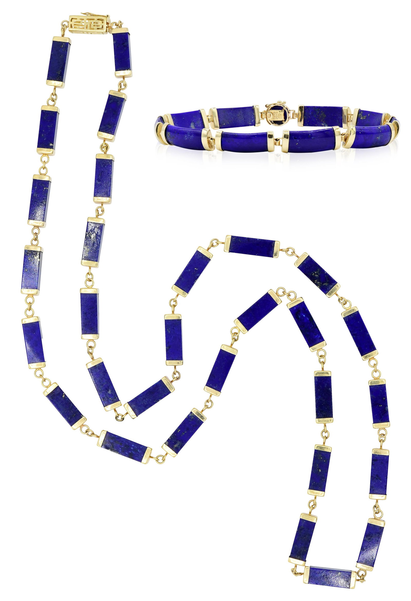 14K Yellow Gold & Lapis Lazuli Demi Parure: 14K Yellow Gold & Lapis Lazuli Demi Parure • 36 1/8 inches (necklace length) • 8 1/2 inches (bracelet length) • 111.2 grams (total lot weight) Provenance: Private Collection, Connect