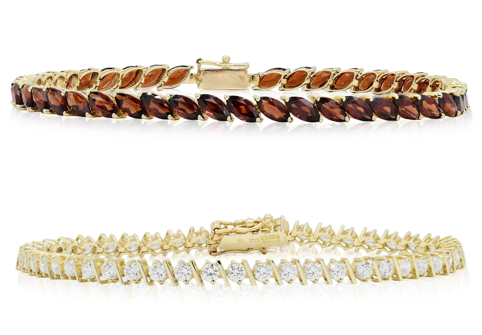 Two 14K Yellow Gold Link Bracelets: Two 14K Yellow Gold Link Bracelets • red garnet bracelet, 8 3/8 inches (length) • cubic zirconia bracelet, 8 1/4 inches (length) • 12.1 dwt (total lot weight) Provenance: Private Col