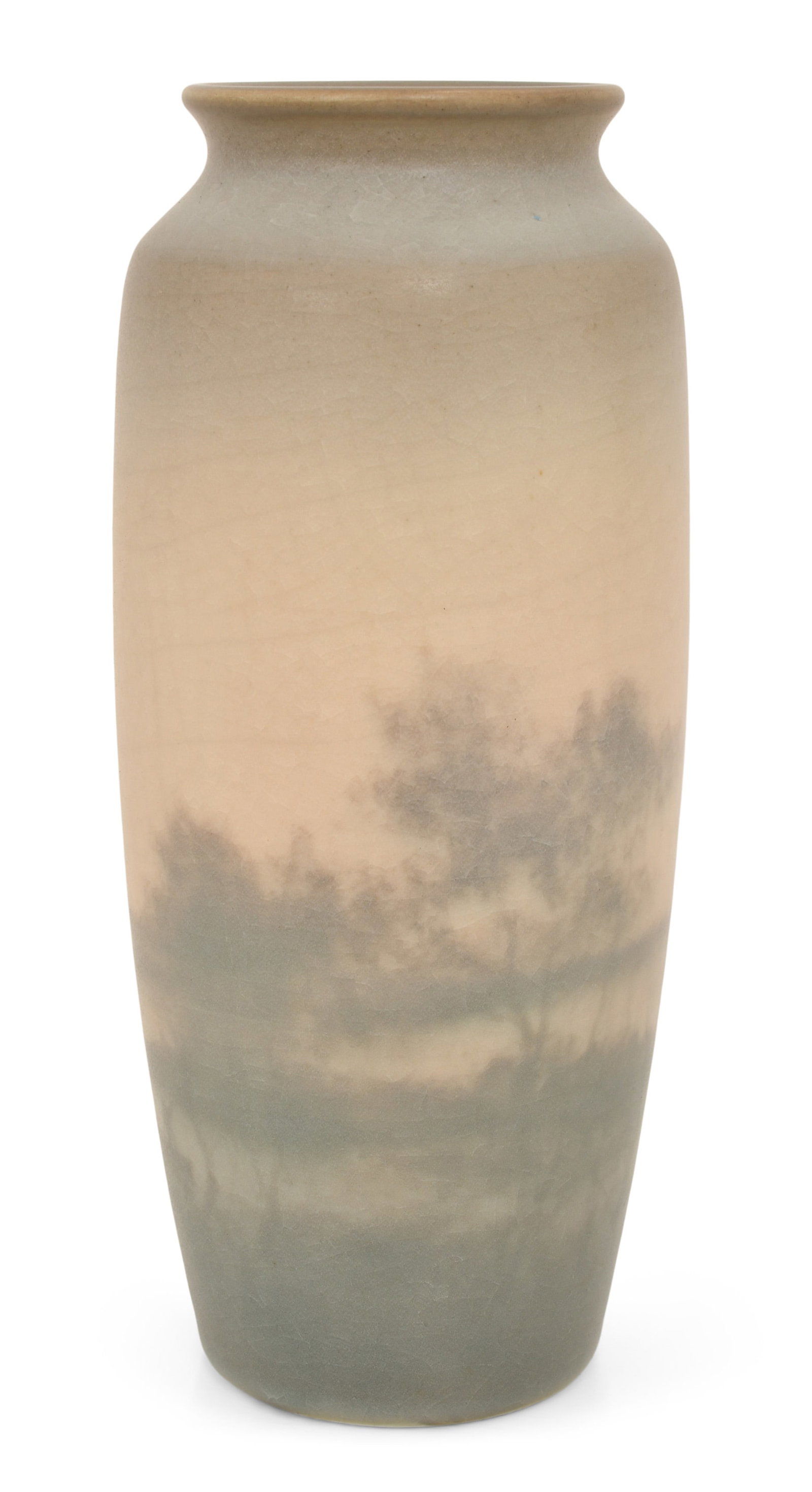 Rookwood Pottery Vellum Scenic Vase, Decorated by Edward T. Hurley: Rookwood Pottery Company Decorated by Edward T. Hurley Vellum Scenic Vase circa 1912 glazed earthenware impressed with firm's mark, 904D V, and artist signed 9 x 3 3/4 inches Provenance: Private Co