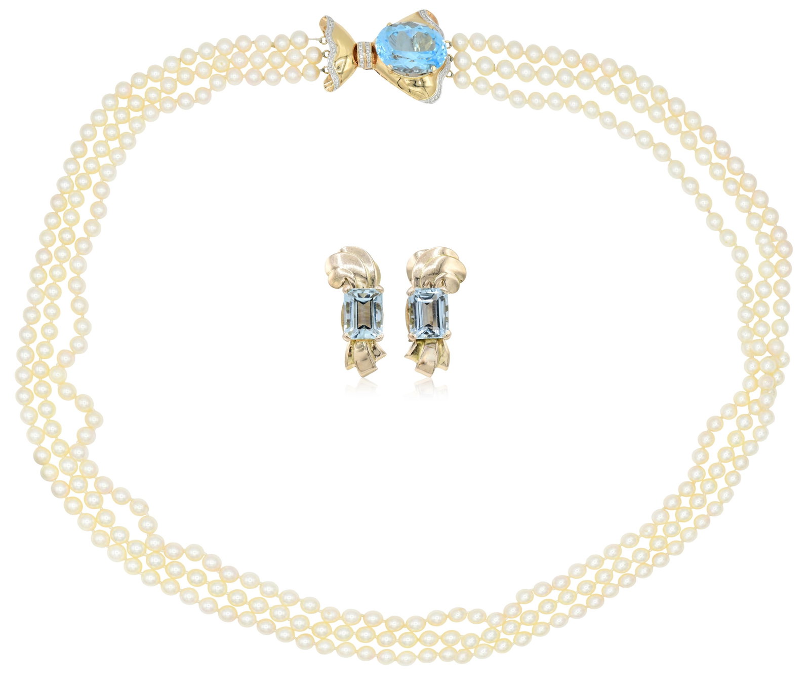 14K Yellow Gold, Pearl, Diamond & Blue Topaz Necklace With 18K Yellow Gold & Blue Topaz Earrings: 14K Yellow Gold, Pearl, Diamond & Blue Topaz Necklace With 18K Yellow Gold & Blue Topaz Earrings • the necklace set with a 47.45 carat faceted oval blue topaz • accented by round brilliant