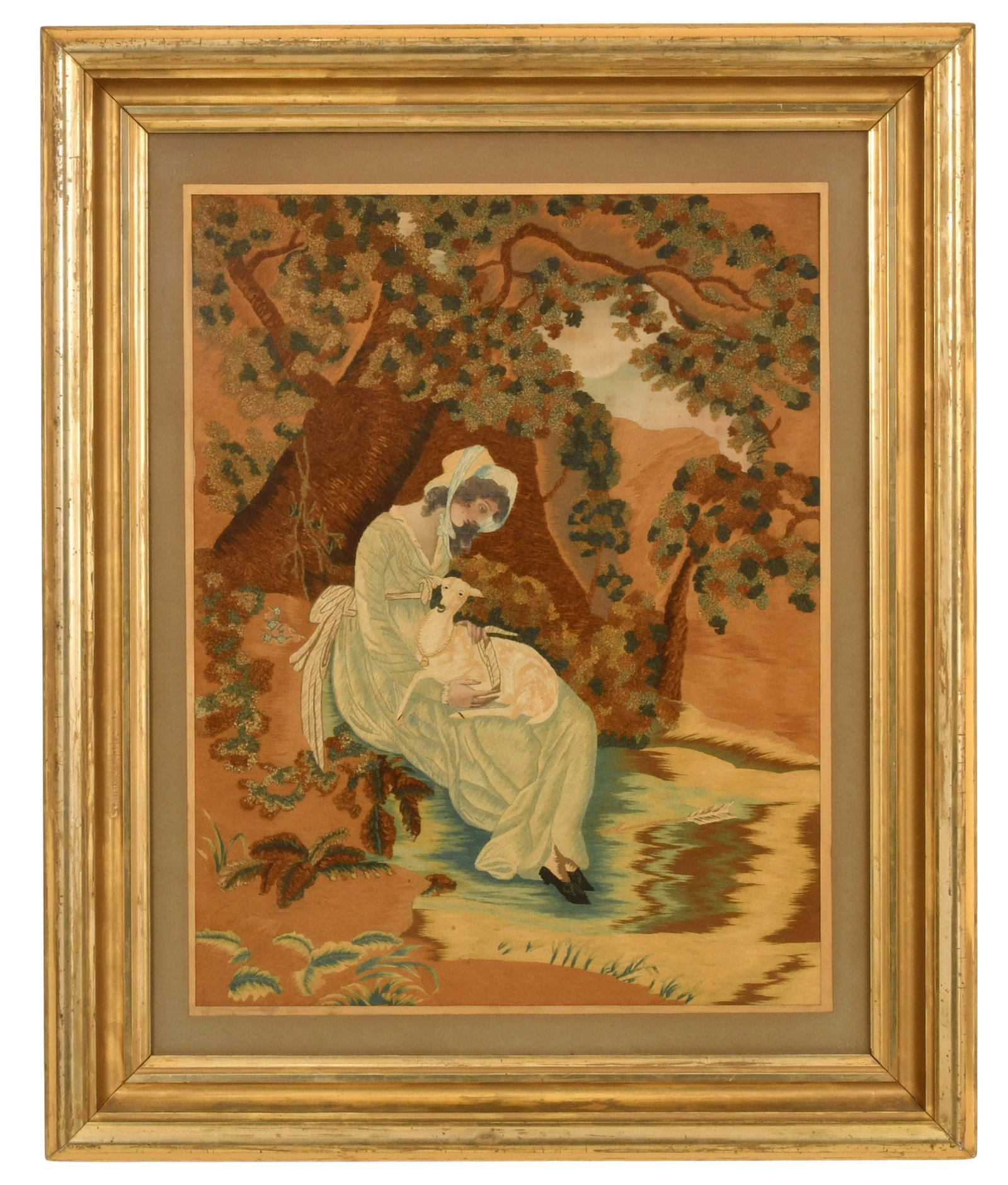 19th Century Tapestry of a Woman with a Goat: 19th Century Tapestry of a Woman with a Goat 22 x 17 inches (sight) 31 x 25 1/12 inches (frame) Provenance: Private Collection, Massachusetts