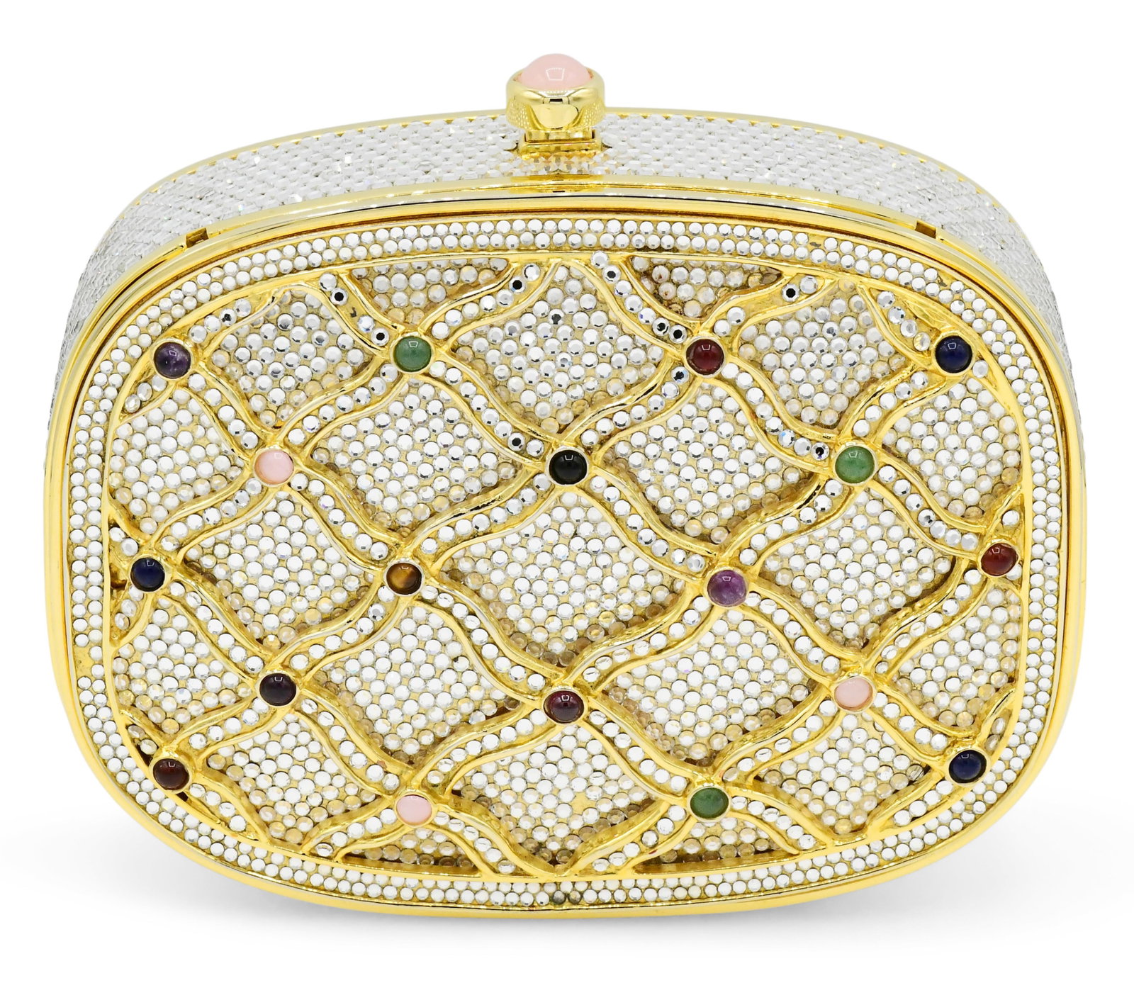 Judith Leiber Swarovski Crystal Quilted Minaudiere Evening Bag: Judith Leiber Swarovski Crystal Quilted Minaudiere Evening Bag • length: 4 3/4 inches • height: 4 1/2 inches • depth: 1 1/2 inches • shoulder strap drop: 19 inches • incl
