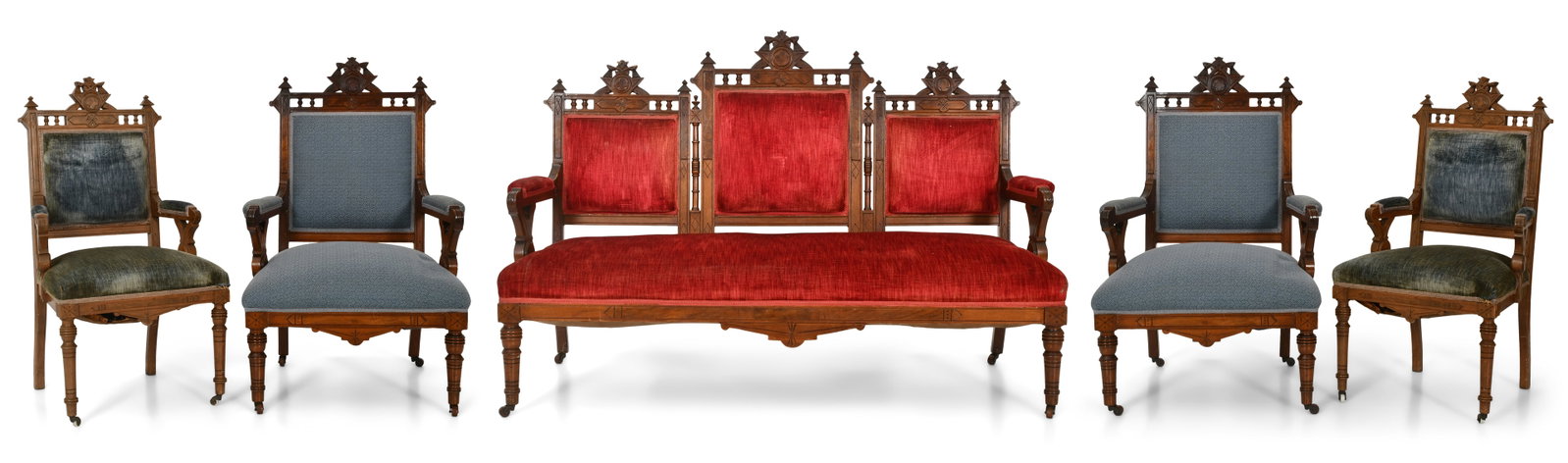 American Renaissance Revival Burl Walnut Five-Piece Parlor Set: American Renaissance Revival Burl Walnut Five-Piece Parlor Set circa 1875 41 1/2 x 60 x 24 inches (sofa) 41 1/2 x 29 x 26 inches (armchair) 39 x 21 x 18 inches (side chair)